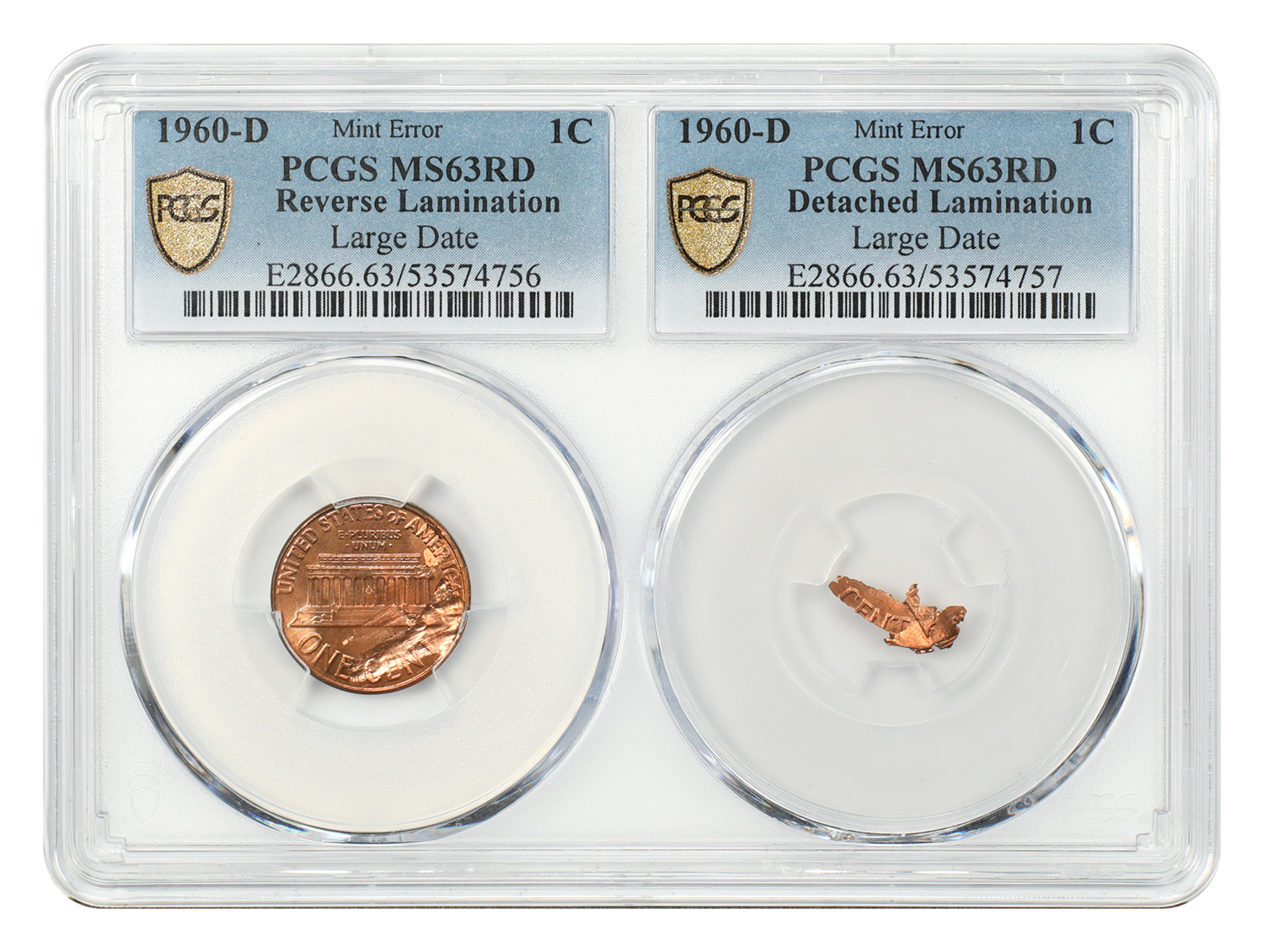 Mint Error: 1960-D 1C PCGS MS63RD (Large Date, Detached Lamination, Dual Holder)