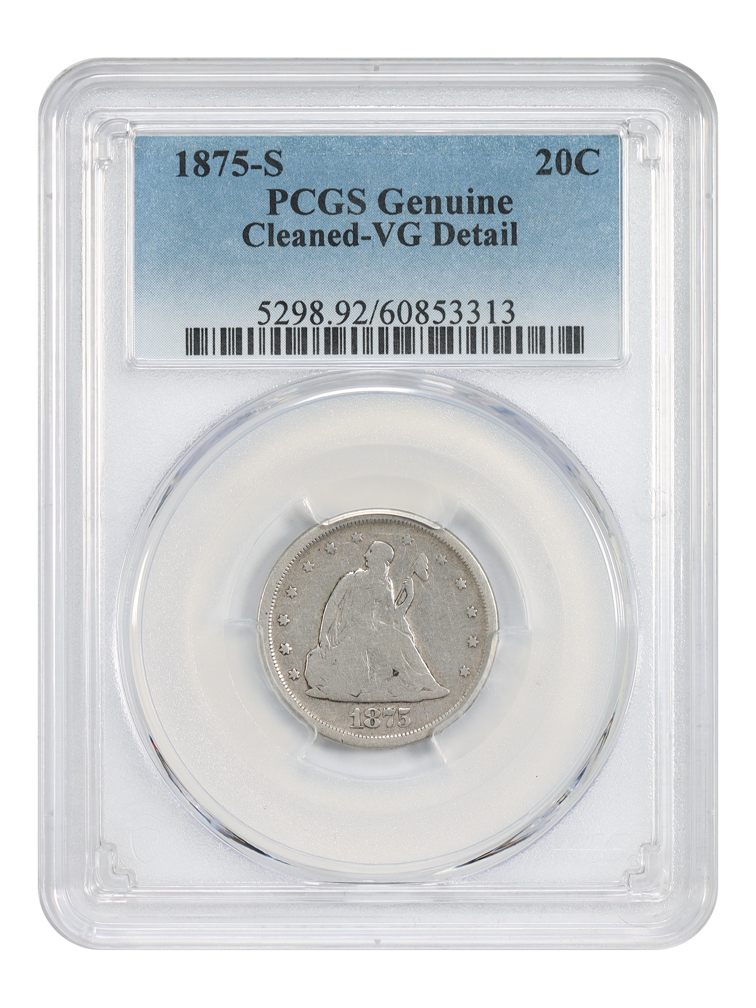 1875-S 20C PCGS VG Details (Cleaned)