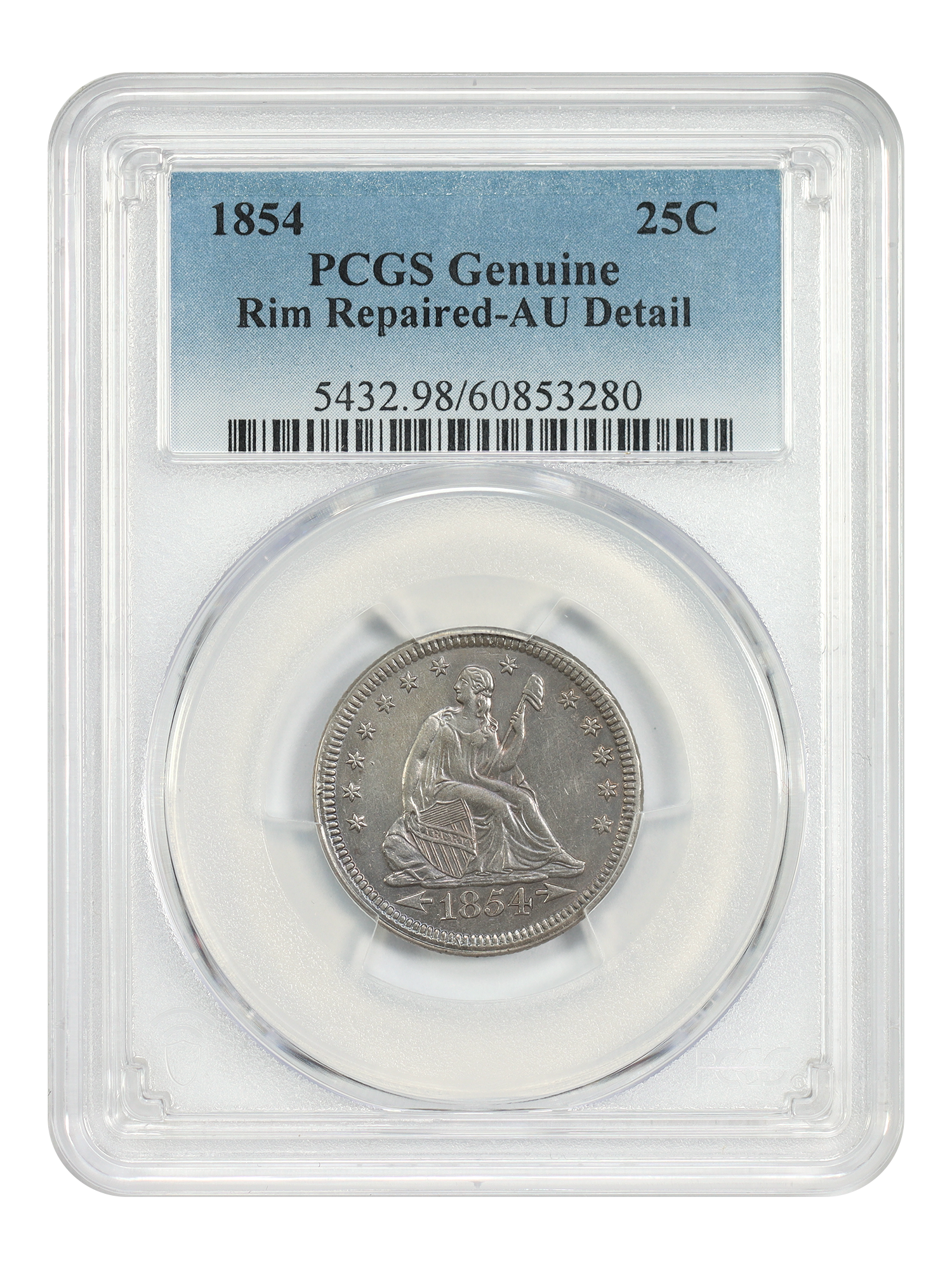 1854 25C PCGS AU Details (Arrows, Rim Repaired)