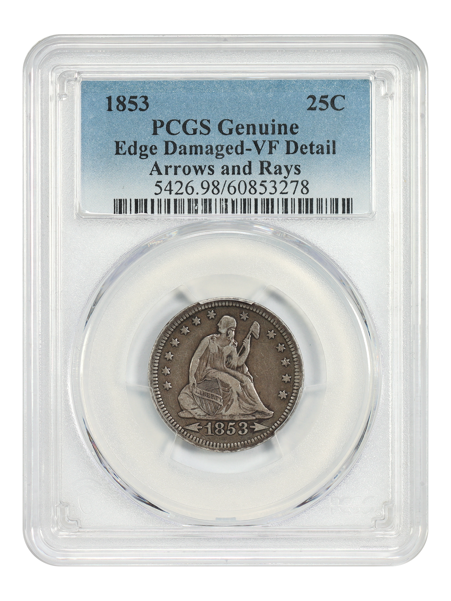 1853 25C PCGS VF Details (Arrows and Rays, Edge Damaged)