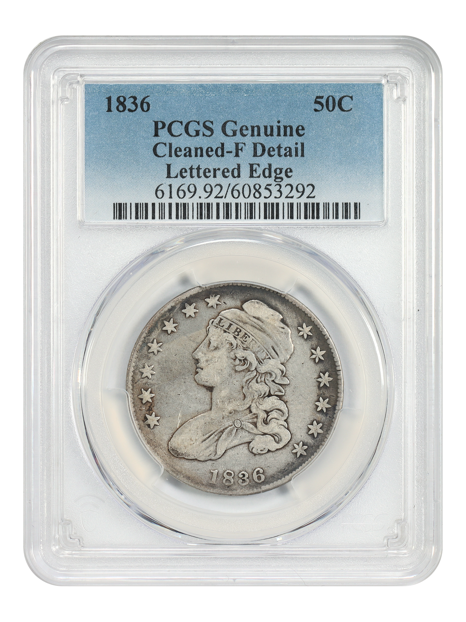 1836 50C PCGS Fine Details (Lettered Edge, Cleaned)