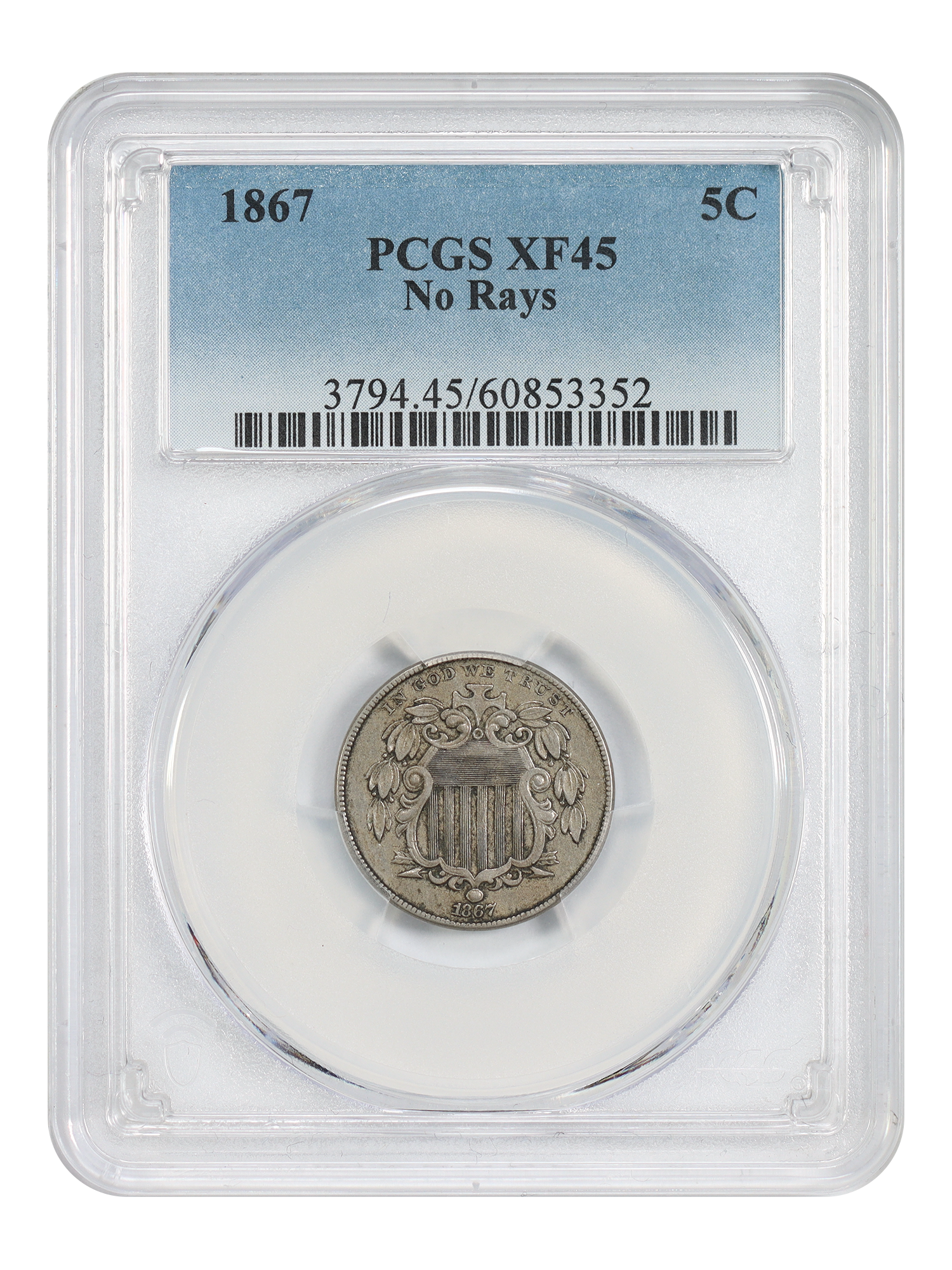 1867 5C PCGS XF45 (No Rays)