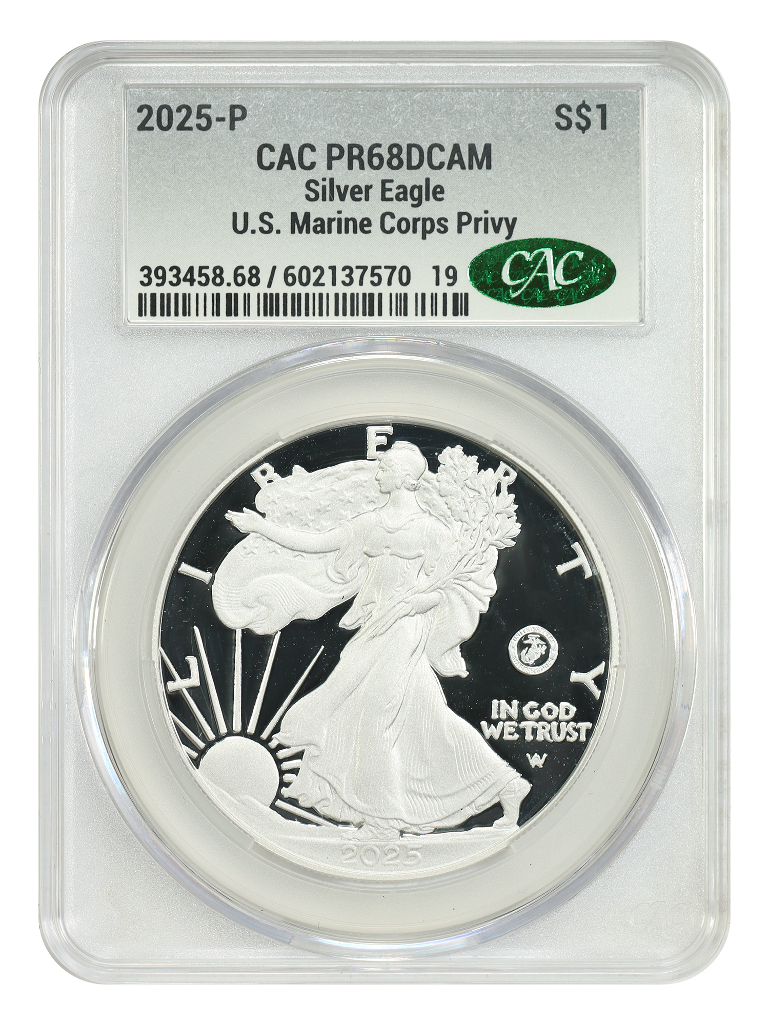 2025-P $1 Silver Eagle w/ US Marine Corps Privy 250th Anniversary, DCAM
