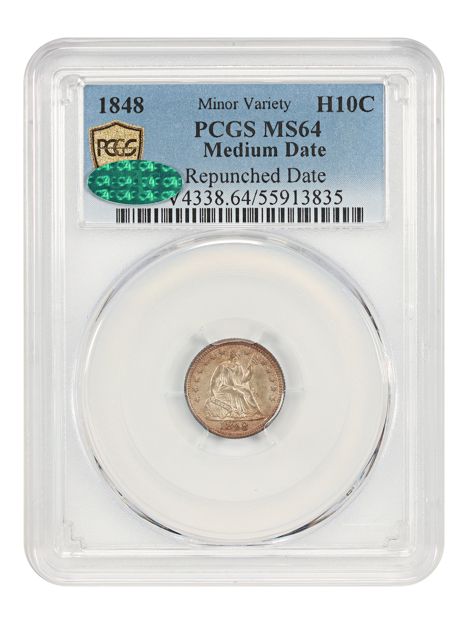 1848 H10C PCGS/CAC MS64 (Medium Date, RPD)