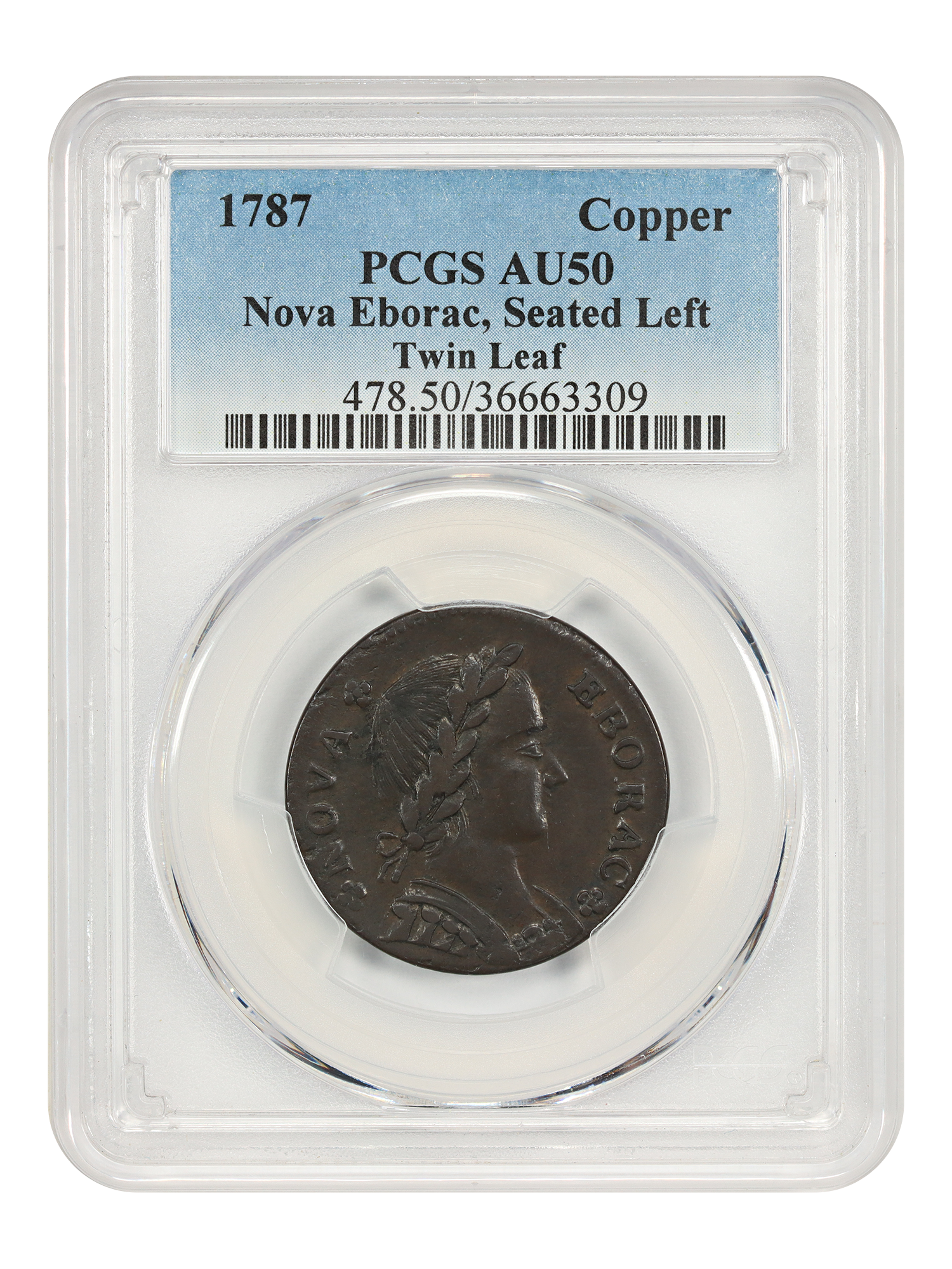 1787 Copper Nova Eborac PCGS AU50 (Seated Left) ex: Twin Leaf