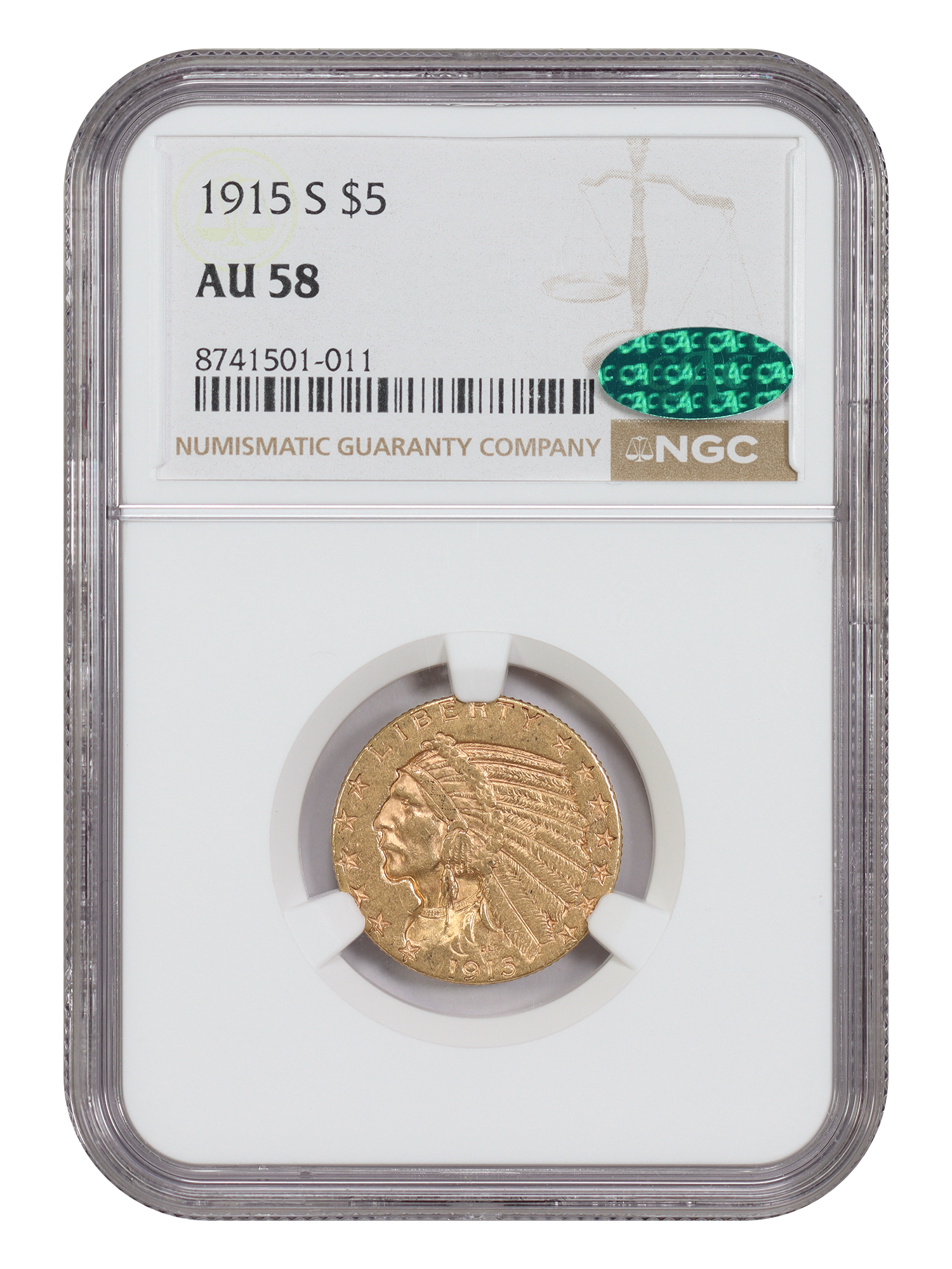 1915-S $5 NGC/CAC AU58