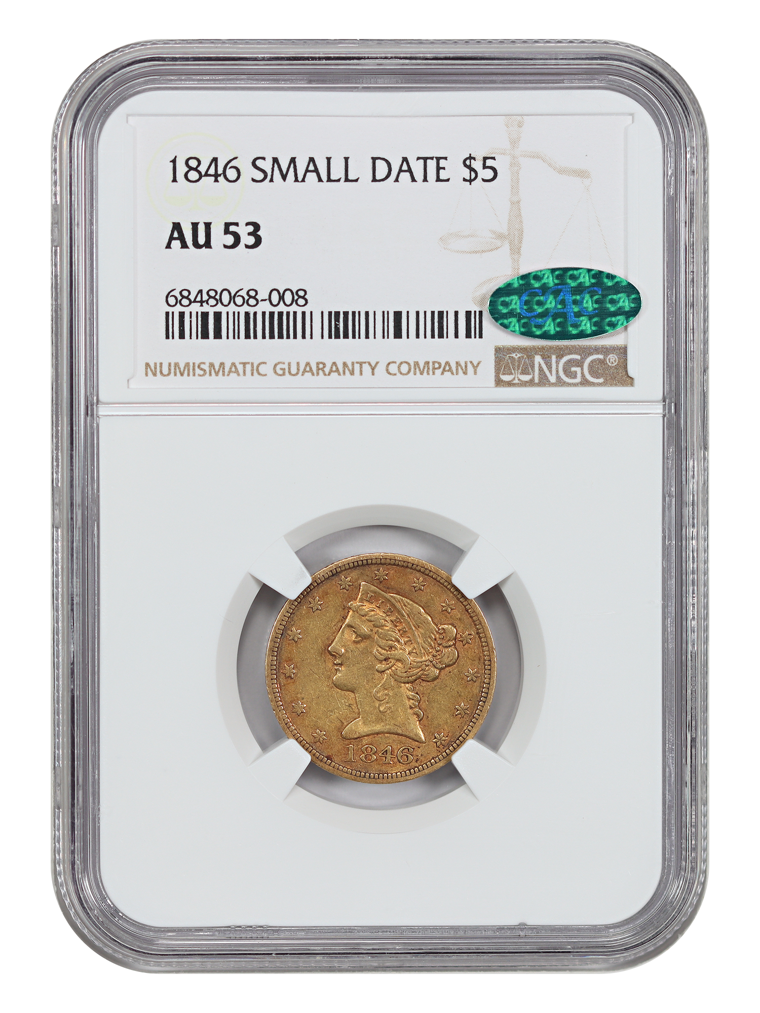 1846 $5 NGC/CAC AU53 (Small Date)