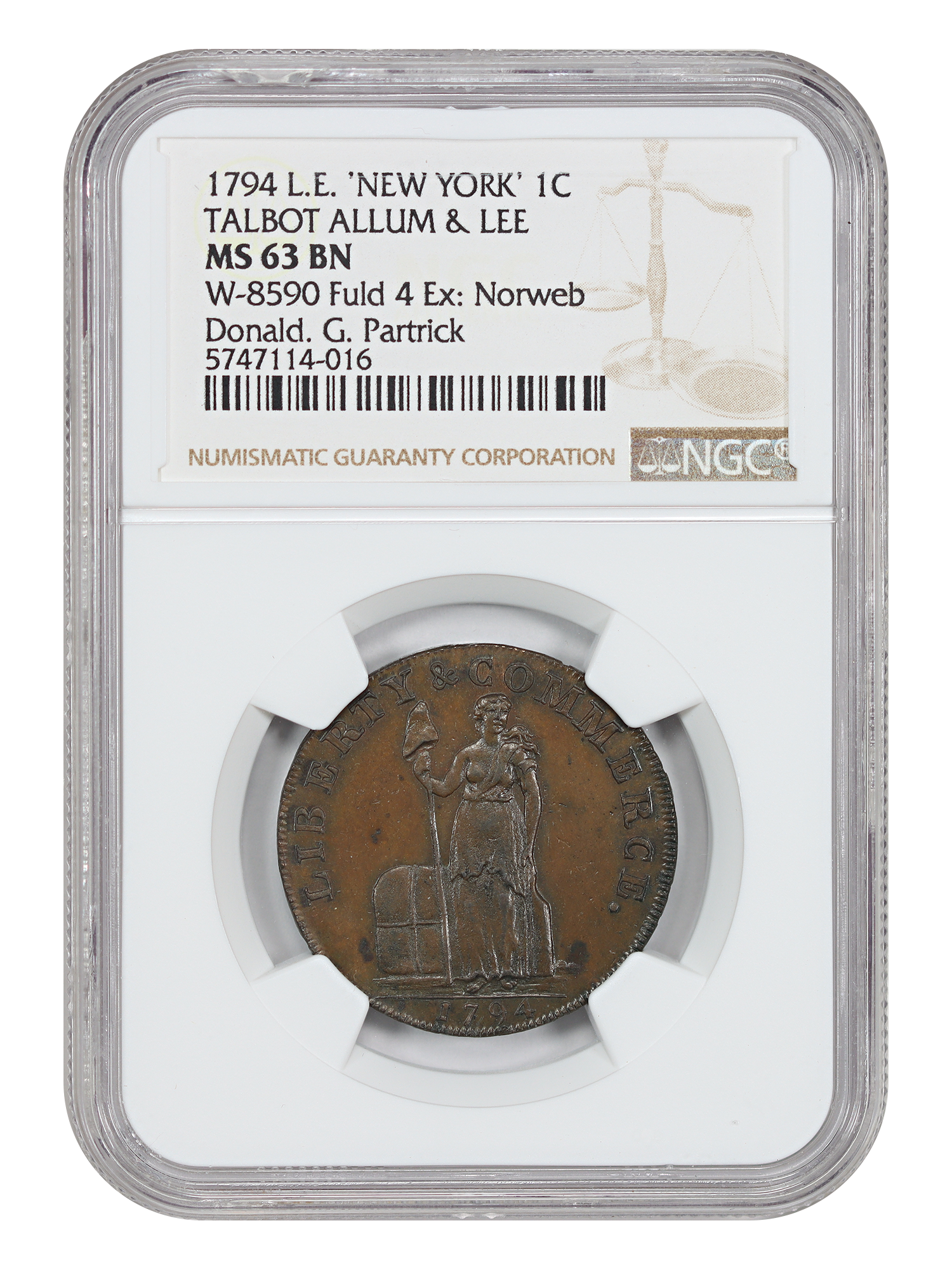 1794 Talbot Cent NGC MS63BN (LE, W-8590, Fuld 4) ex: Norweb/Partrick