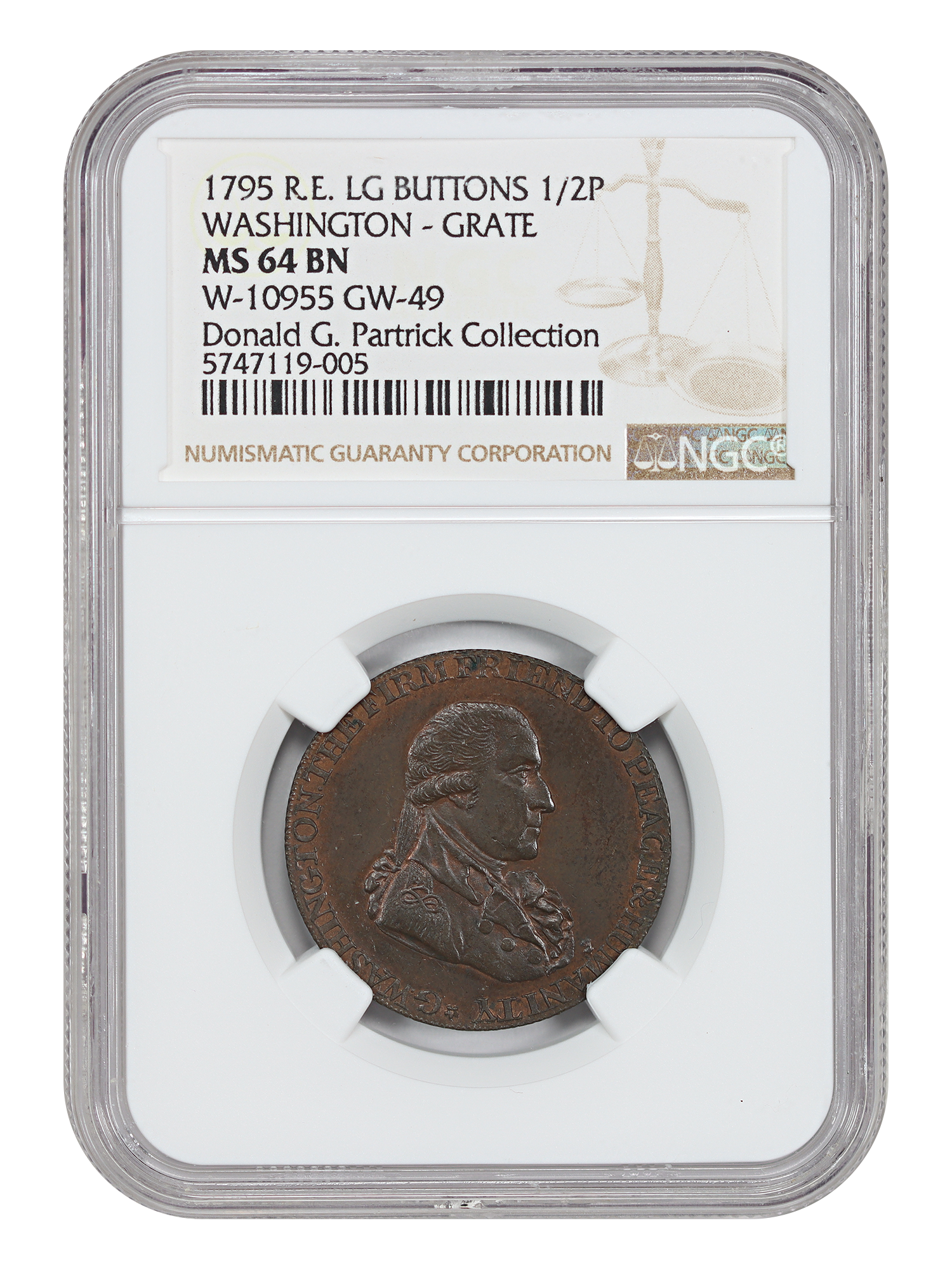 1795 1/2 Pence Washington Grate NGC MS64BN (Large Buttons, RE, W-10955, GW-49) ex: Partrick