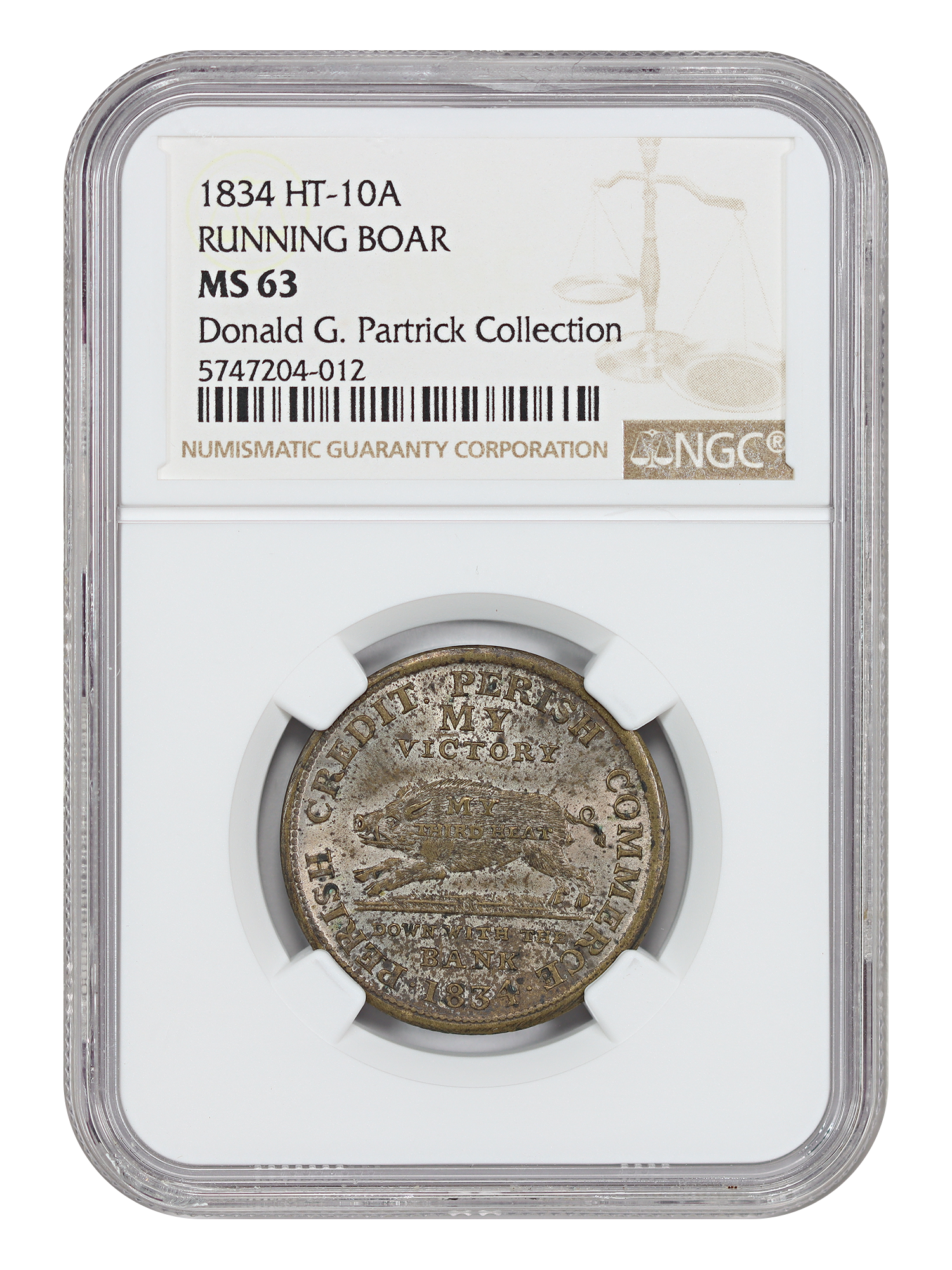 Hard Times Token: 1834 Running Boar NGC MS63 (HT-10A, Silvered Brass) ex: Partrick