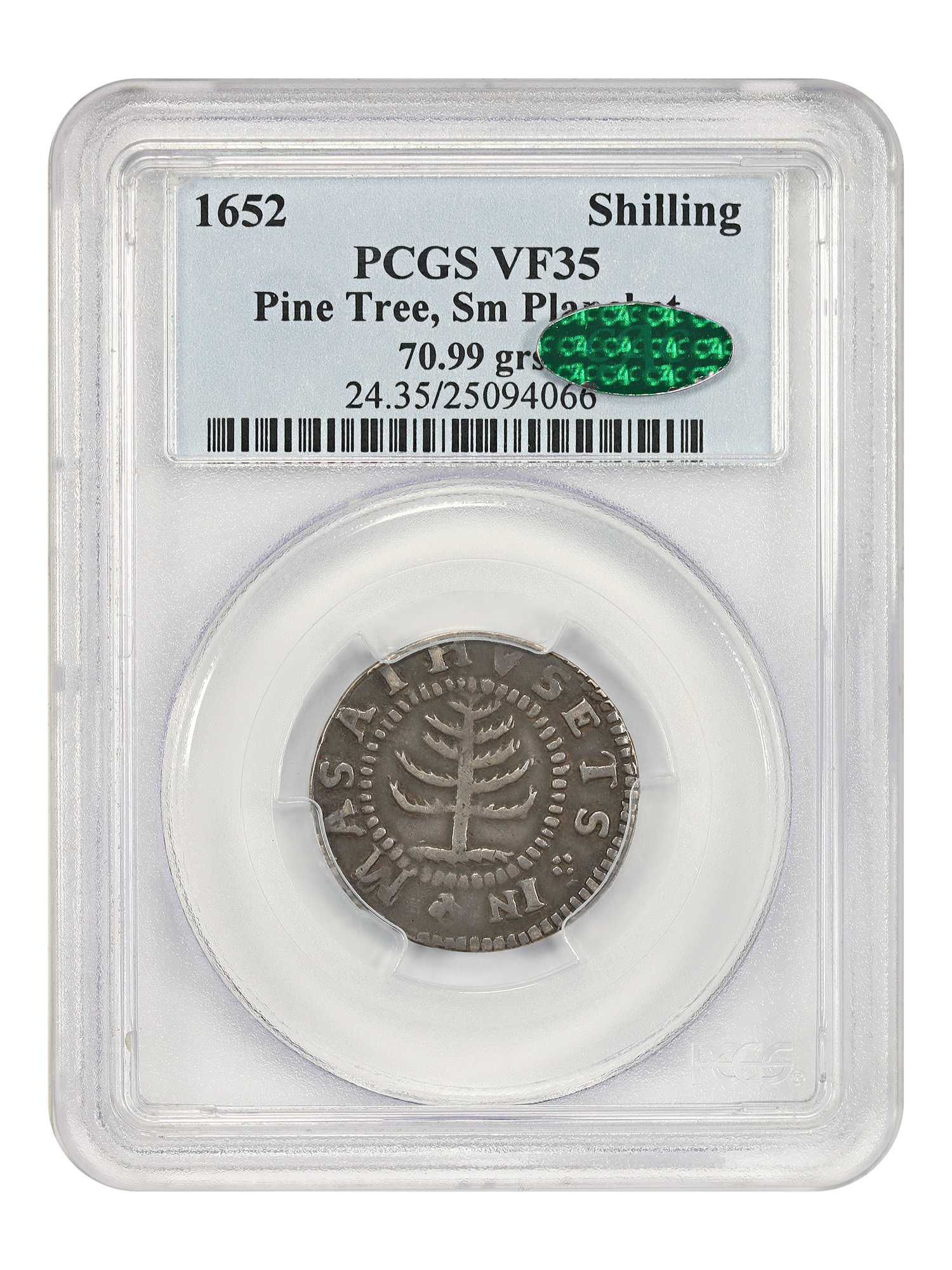 1652 Pine Tree Shilling PCGS/CAC VF35 (Small Planchet, 70.99g)