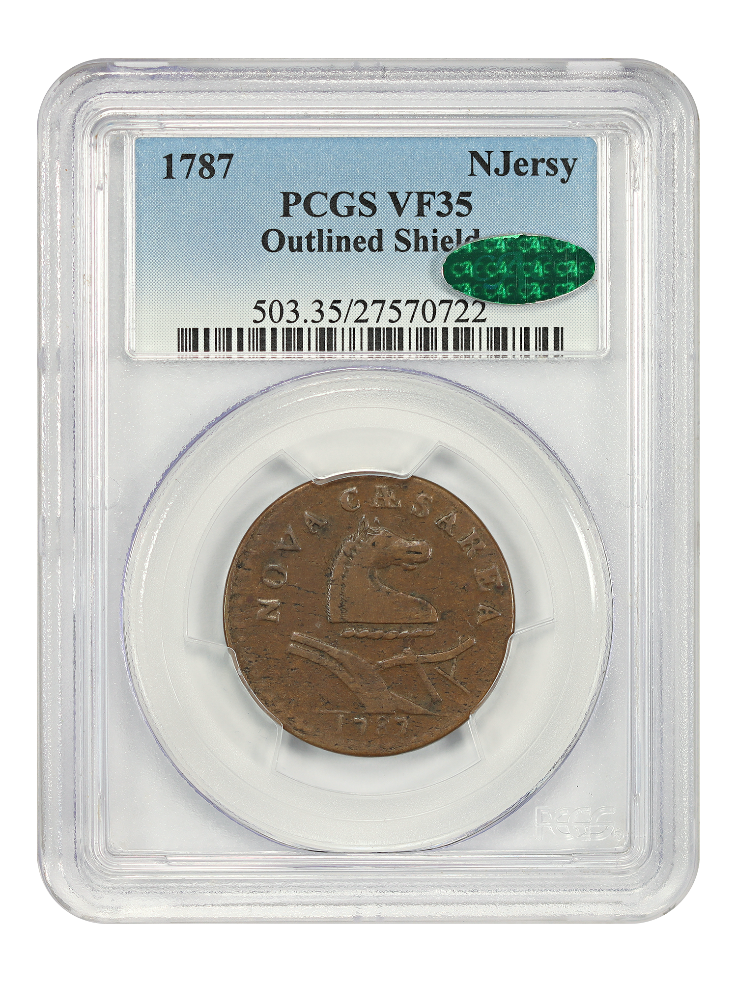 1787 New Jersey PCGS/CAC VF35 (Outlined Shield)