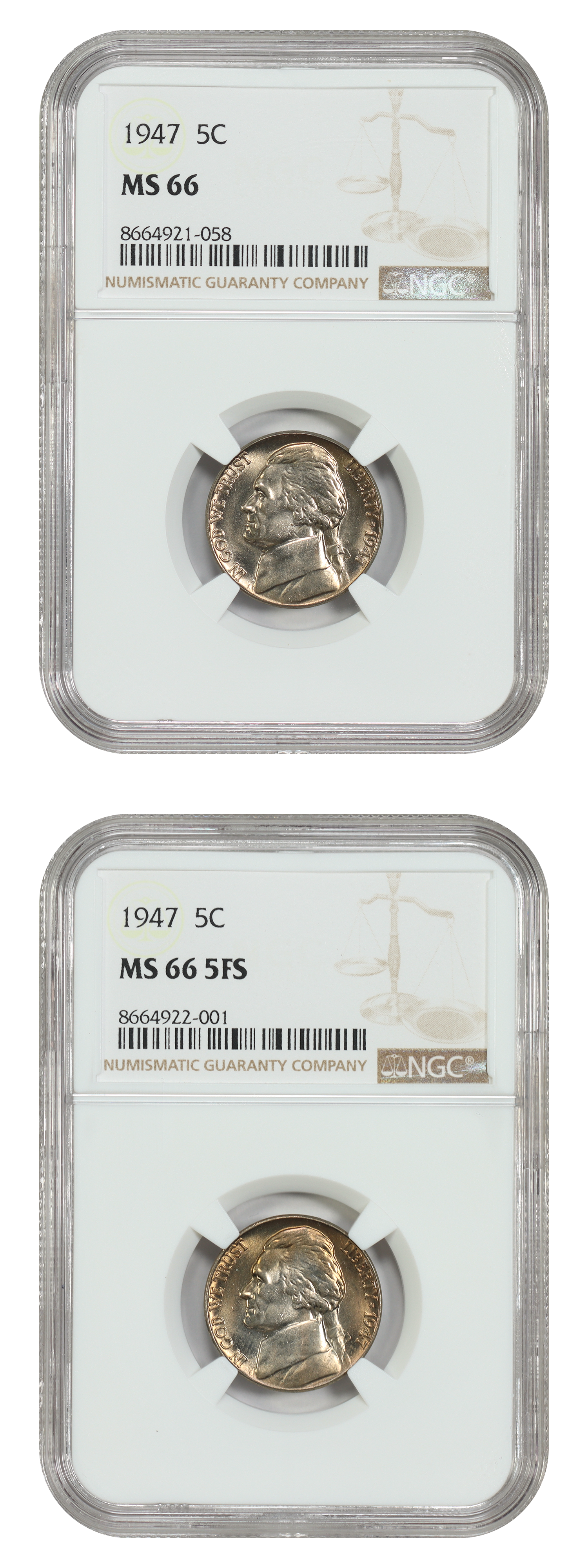 Lot of 1947 5C NGC MS66-MS66 5FS (2 Coins)