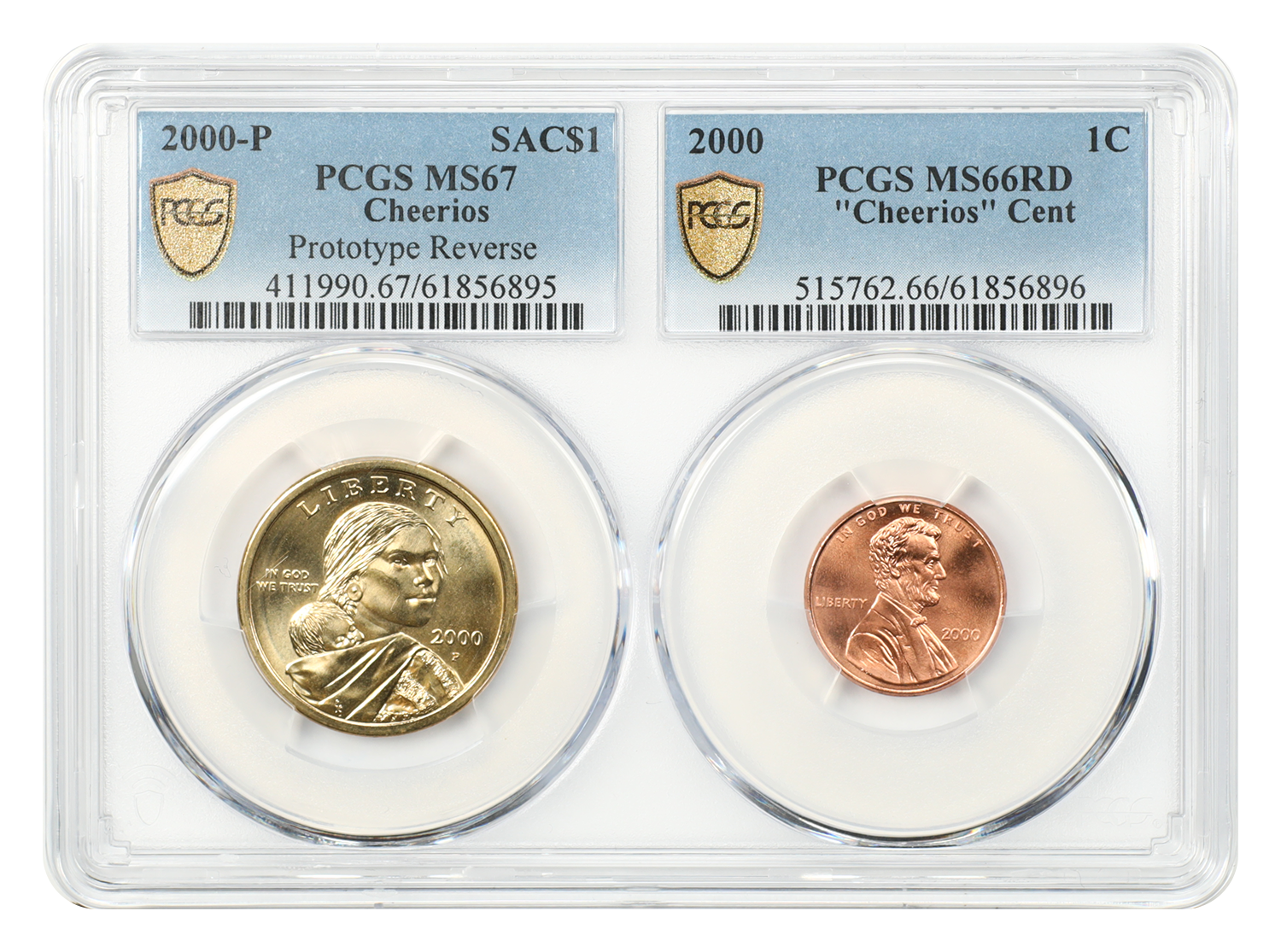 2000-P 1C & SAC $1 Cheerios Set MS66RD/MS67 (Dual Holder, 2 Coins, COA)