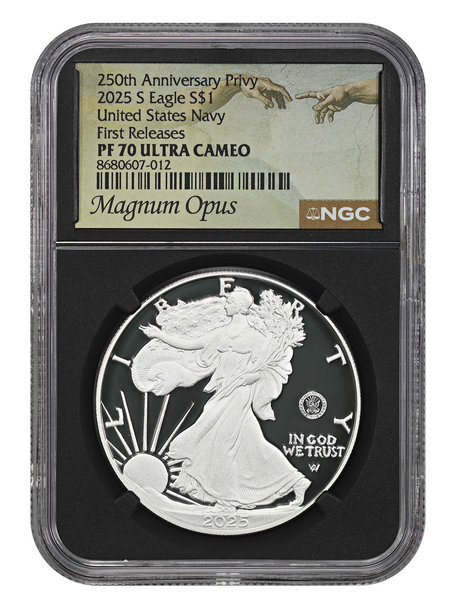 2025-S $1 Silver Eagle w/ U.S. Navy Privy 250th Anniversary, DCAM