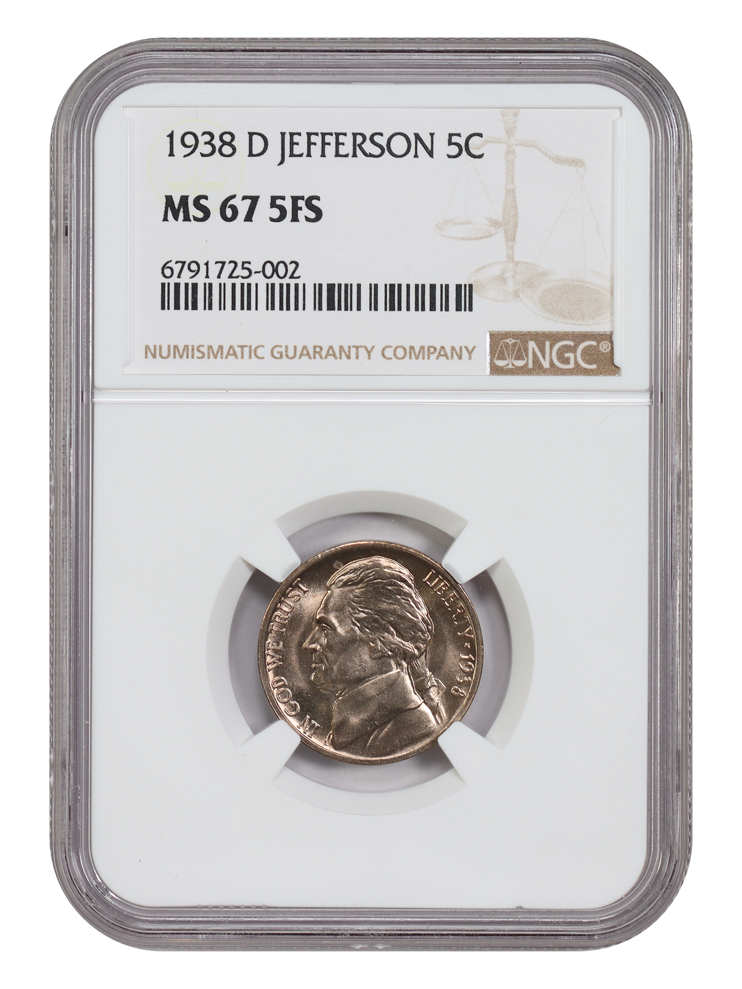 1938-D 5C Jefferson NGC MS67 5FS