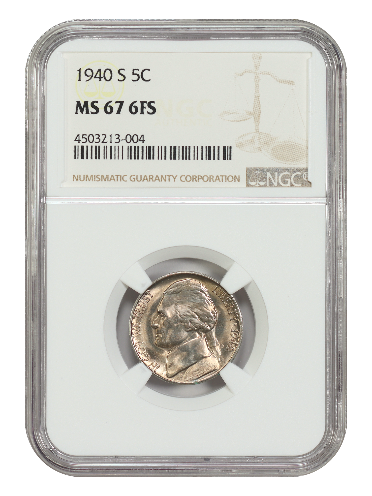 1940-S 5C NGC MS67 6FS