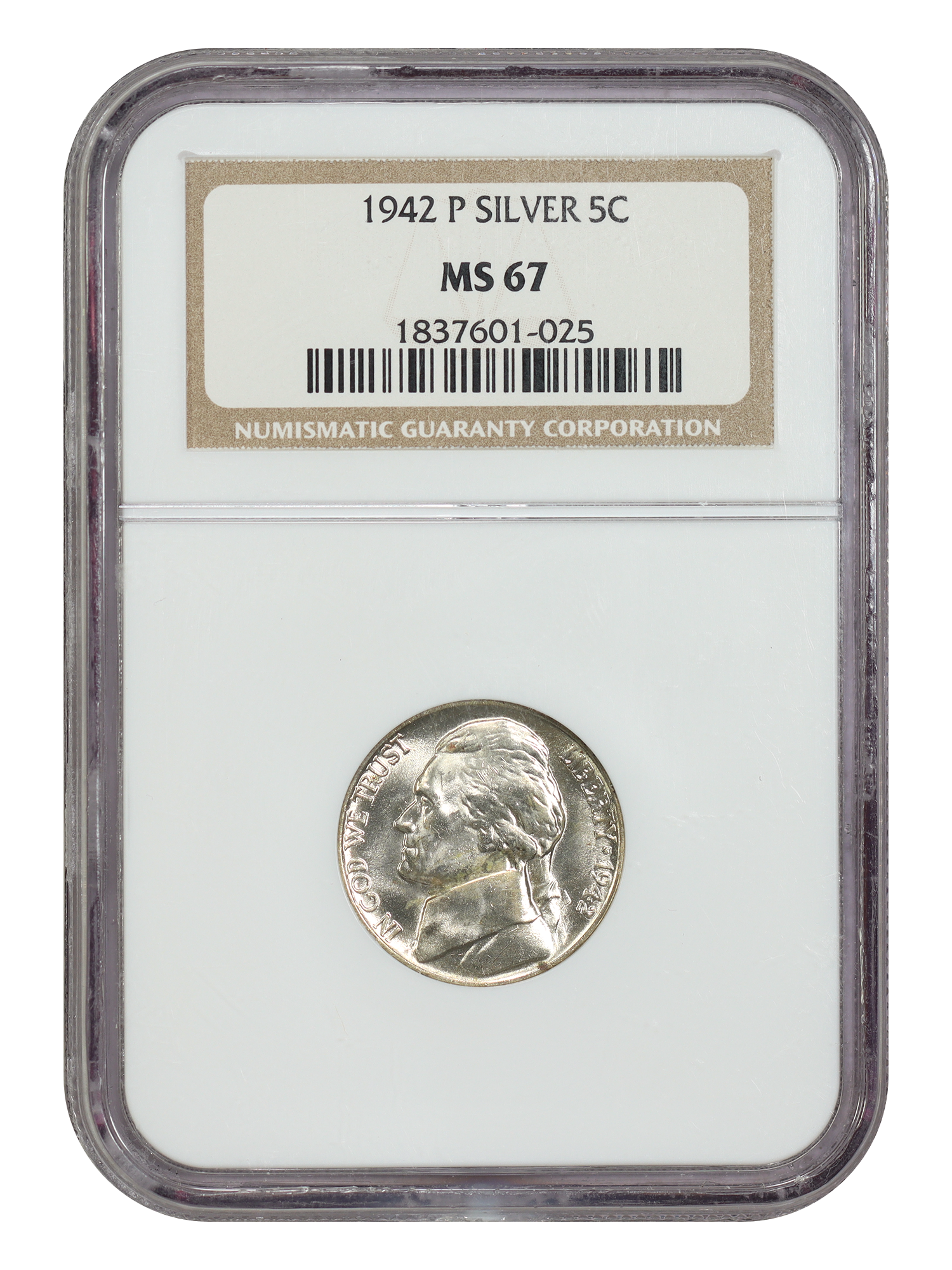 1942-P 5C NGC MS67 (Type 2, Silver)