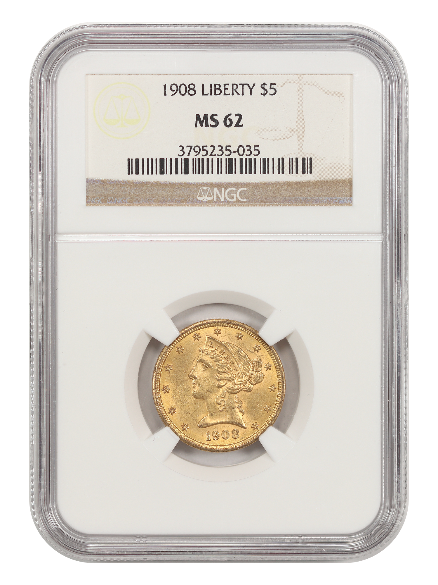 1908 $5 Liberty NGC MS62