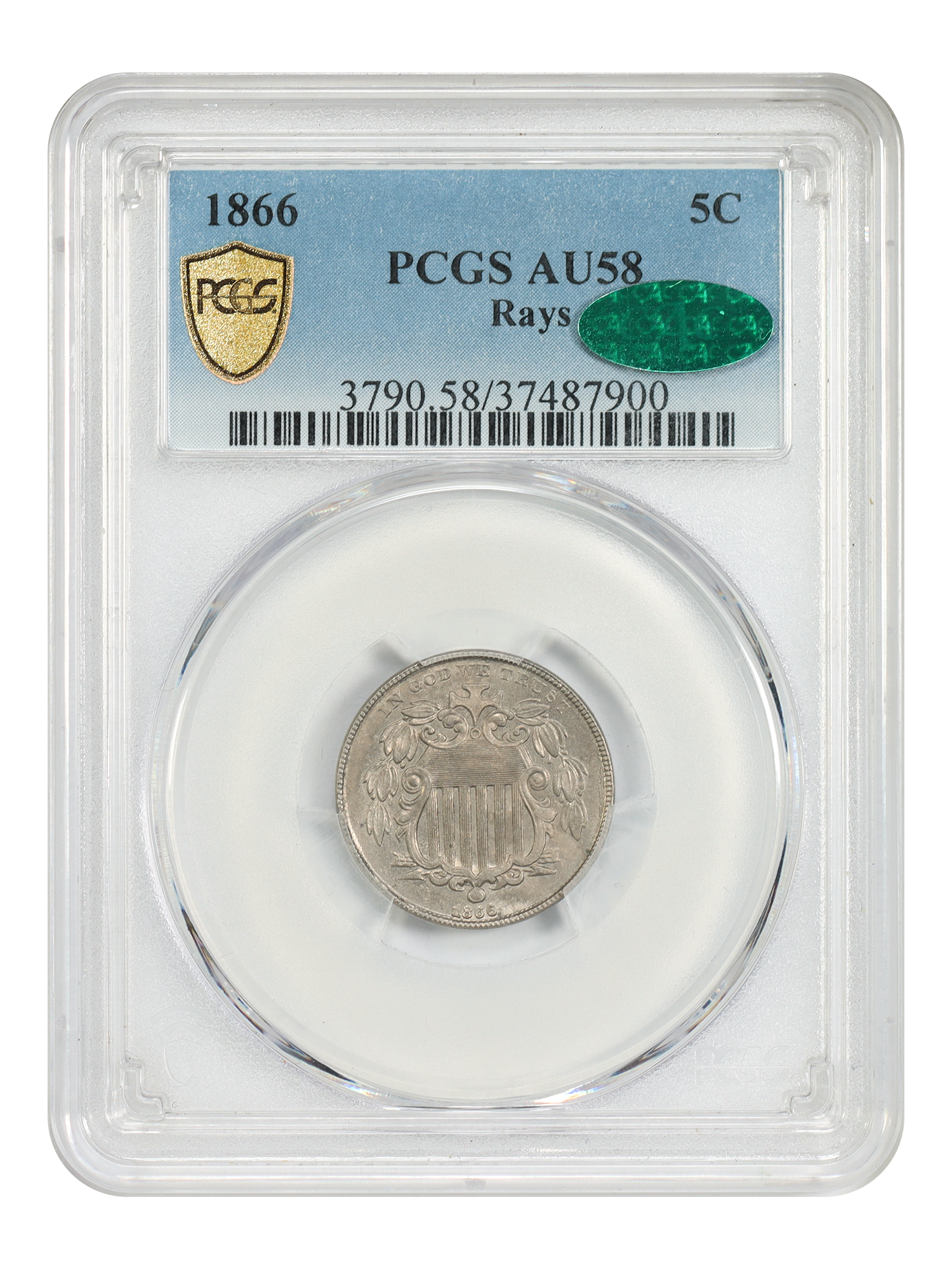 1866 5C PCGS/CAC AU58 (Rays)