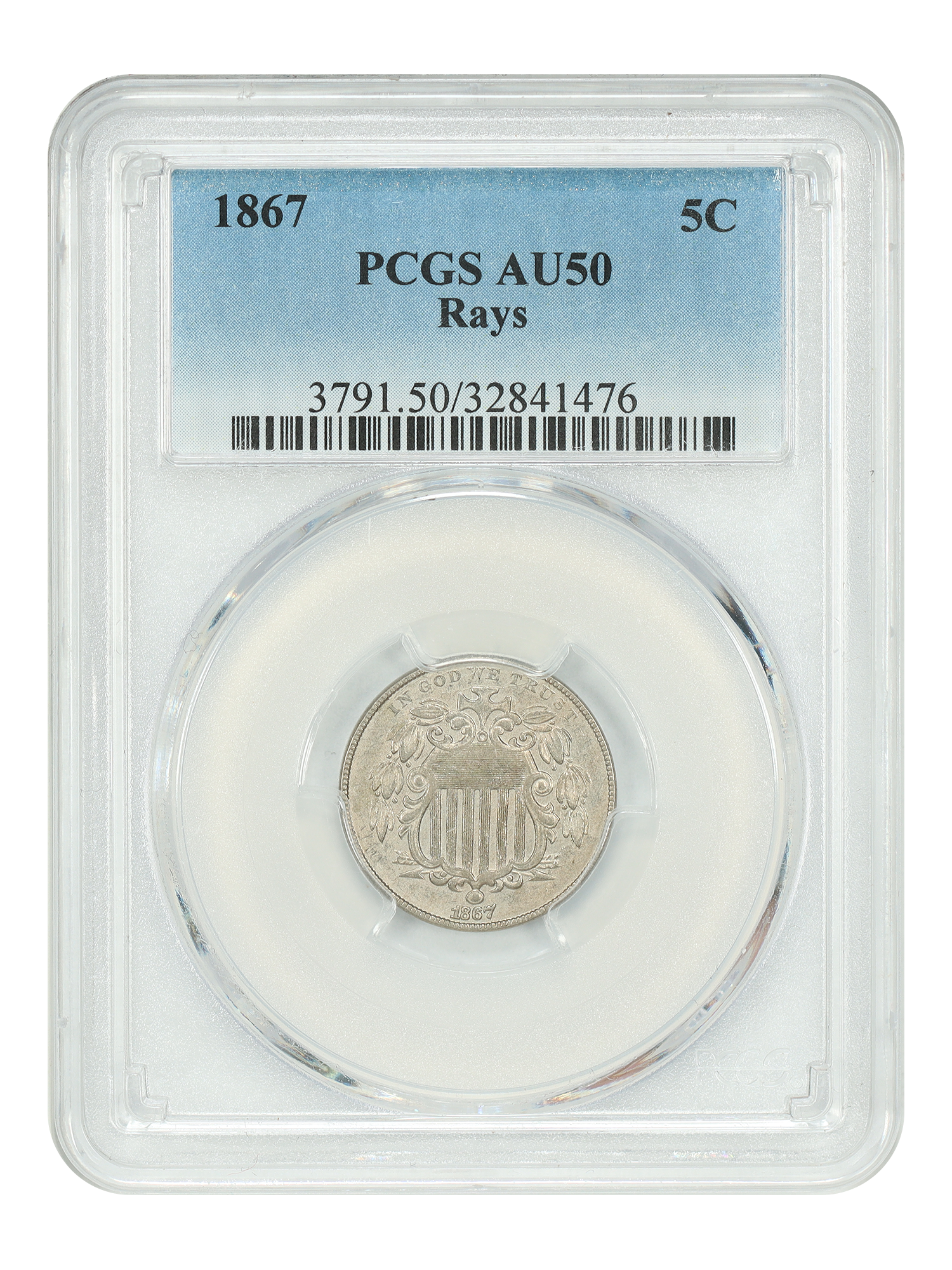 1867 5C PCGS AU50 (Rays)
