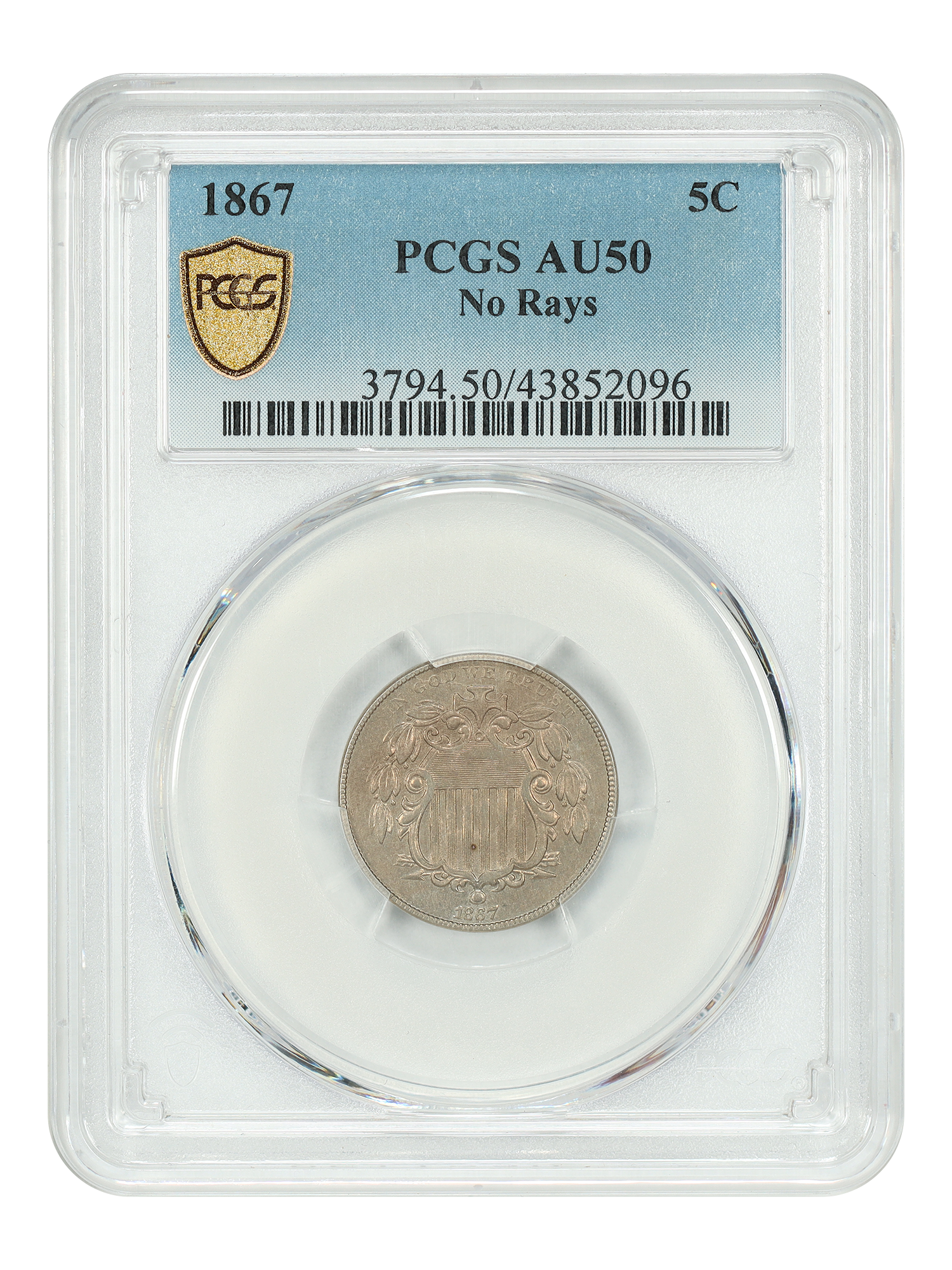 1867 5C PCGS AU50 (No Rays)
