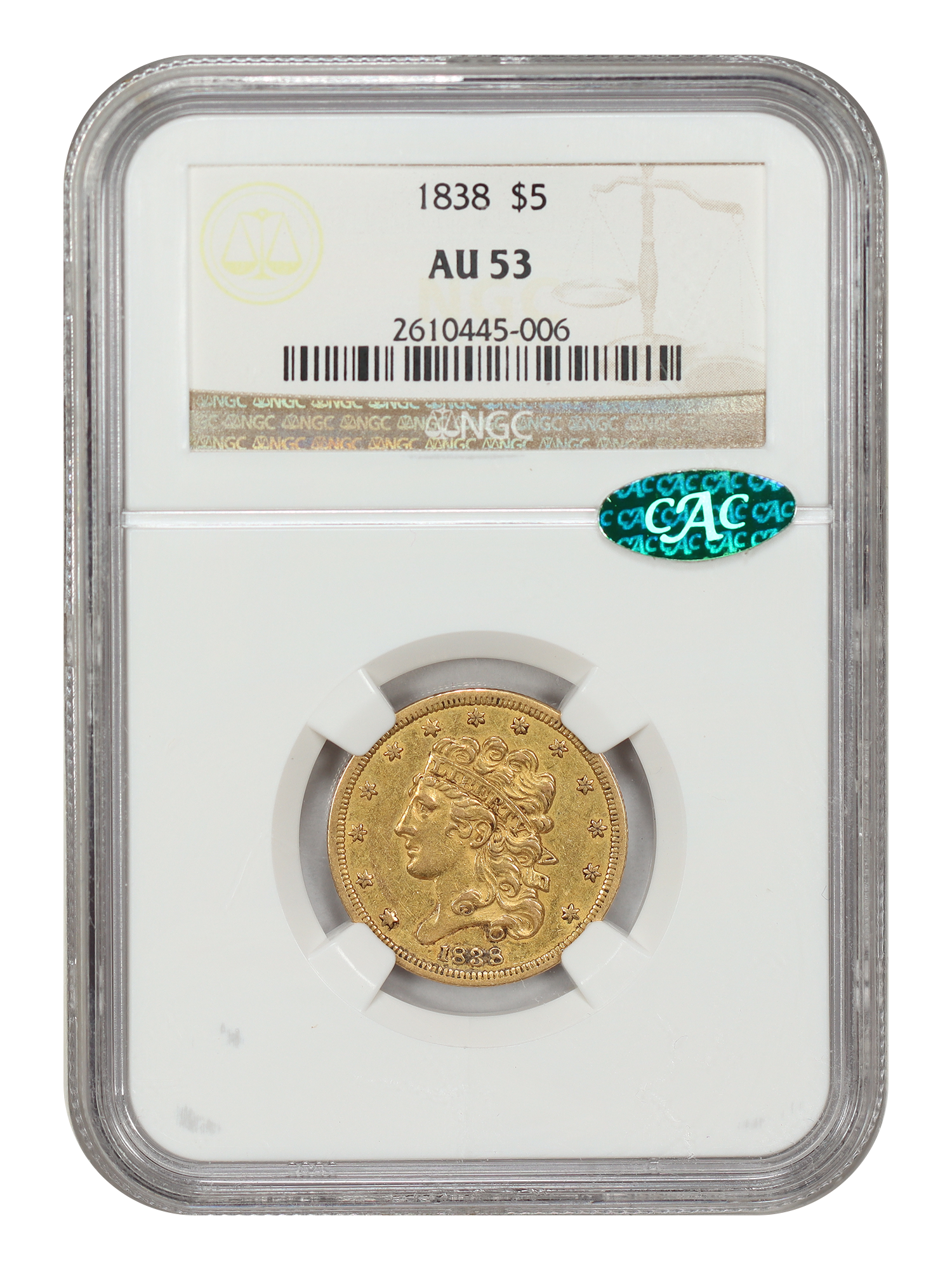 1838 $5 NGC/CAC AU53