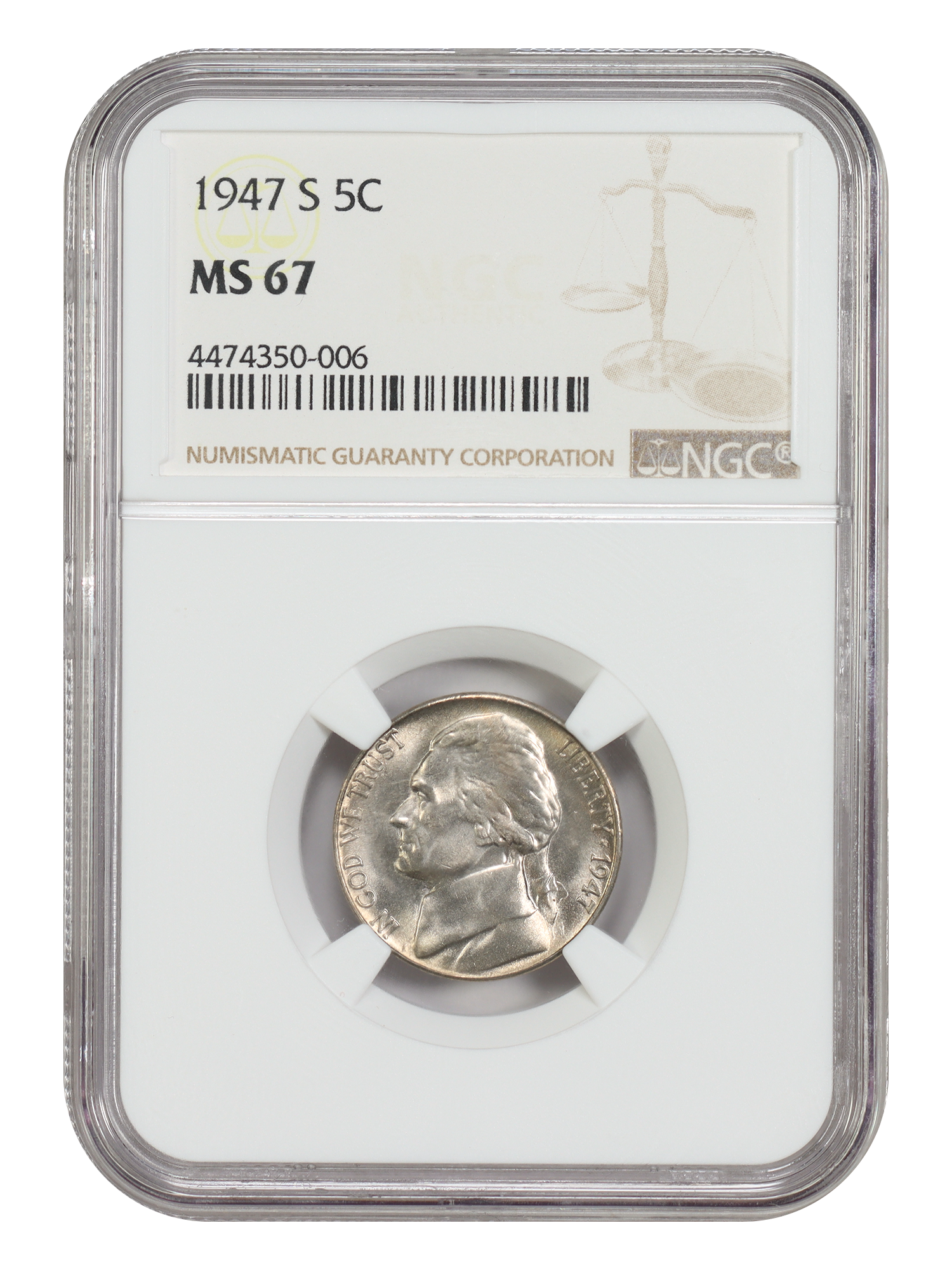 1947-S 5C NGC MS67