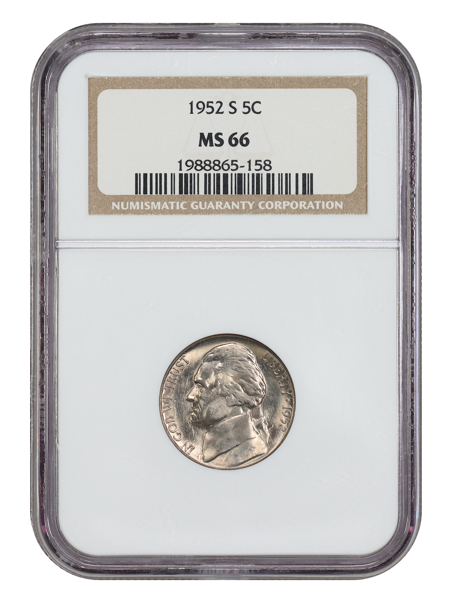 1952-S 5C NGC MS66