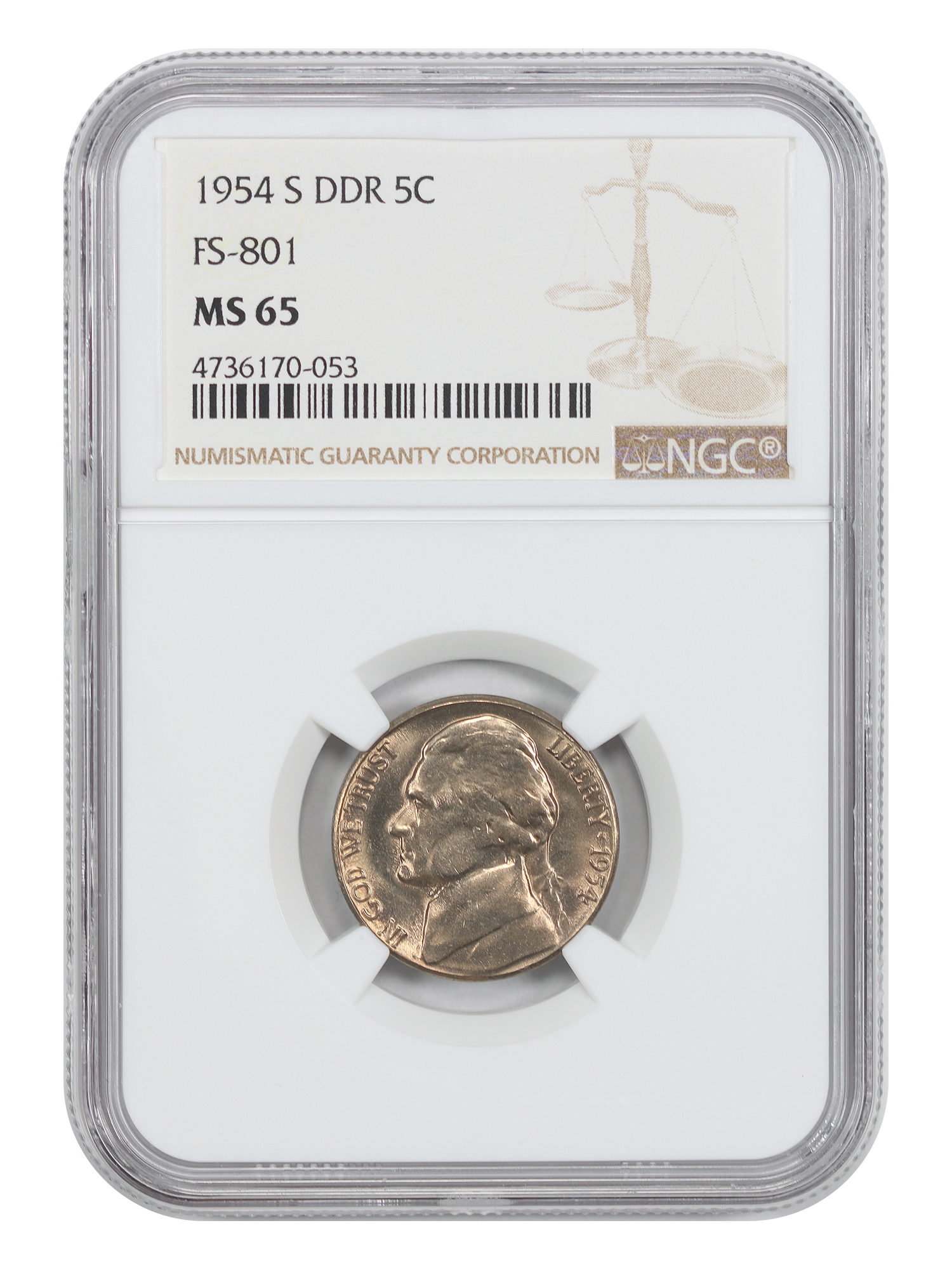 1954-S 5C NGC MS65 (DDR, FS-801)