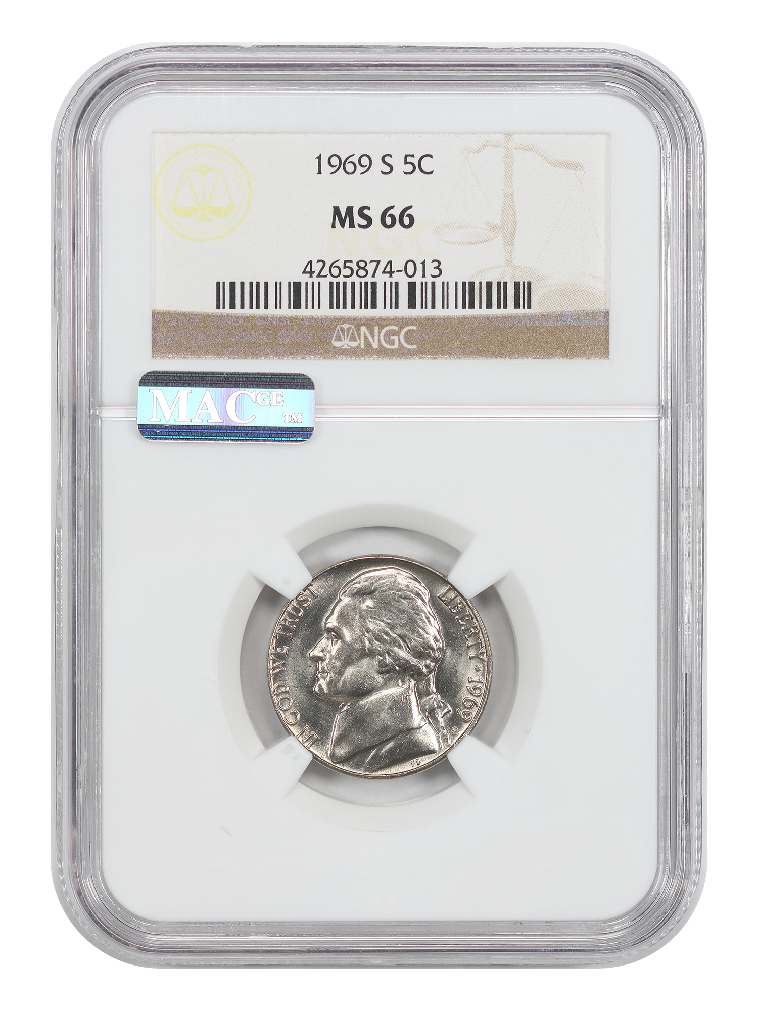 1969-S 5C NGC MS66
