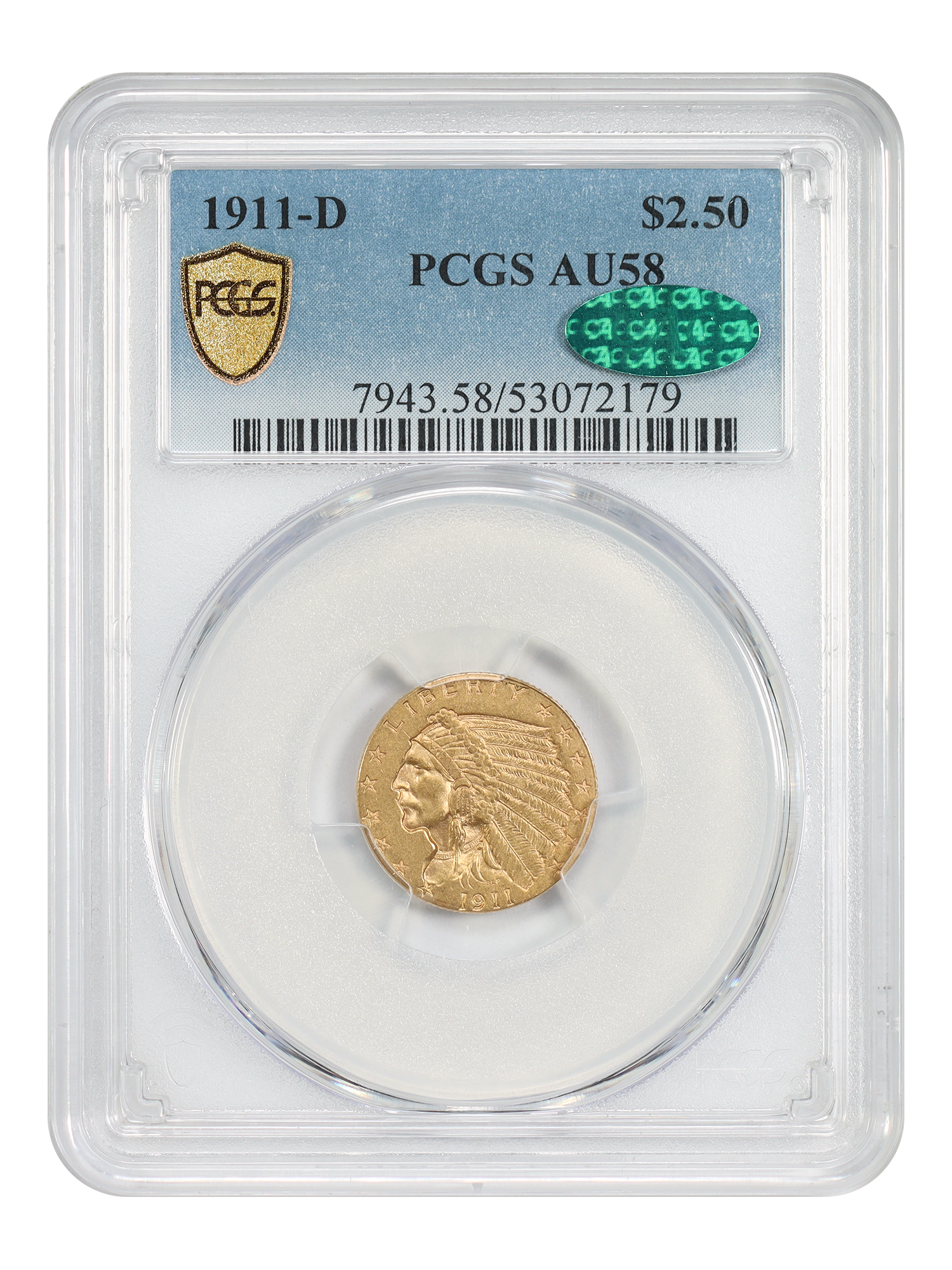 1911-D $2.50 PCGS/CAC AU58 (Strong D)