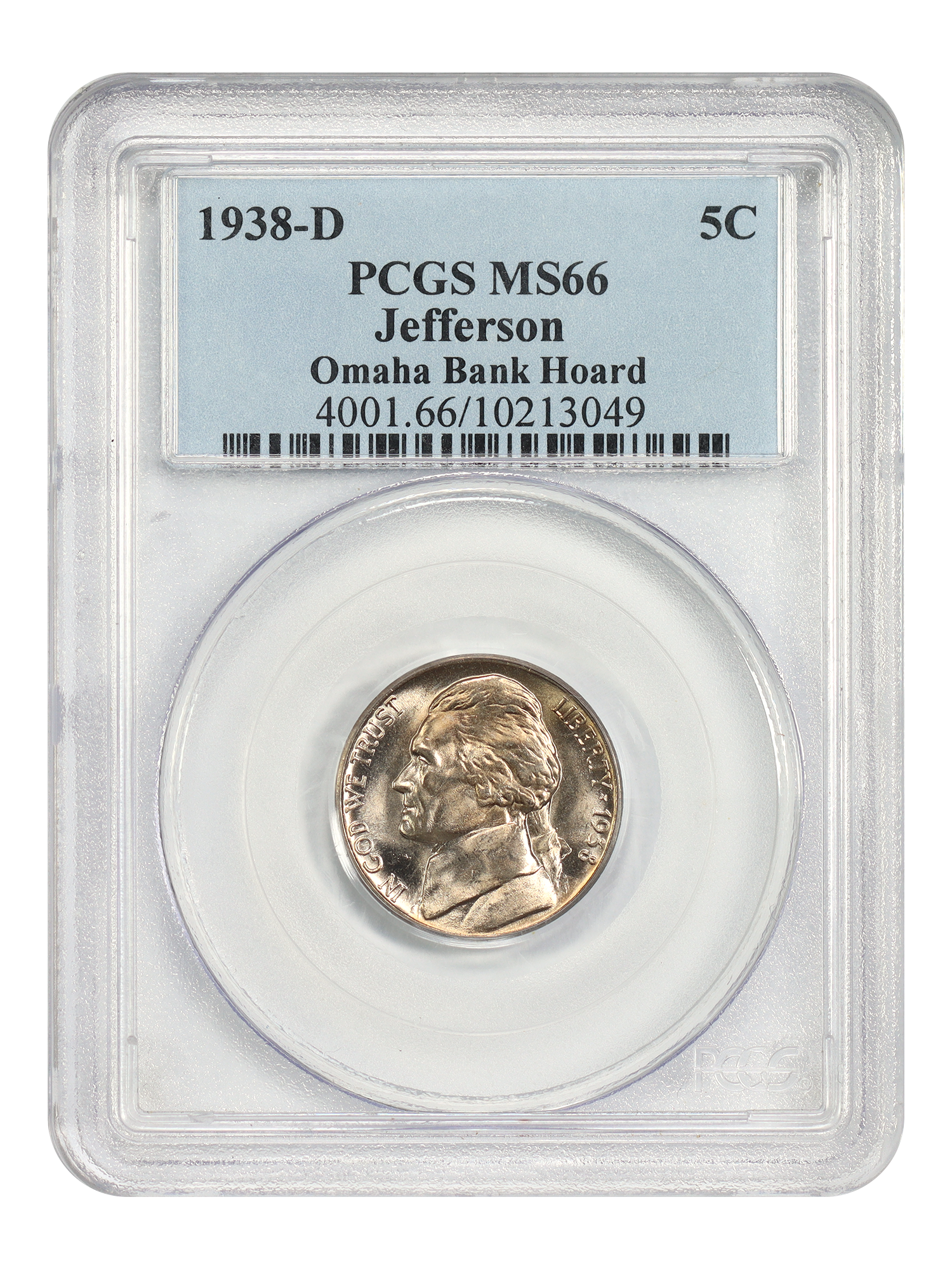 1938-D 5C Jefferson PCGS MS66 ex: Omaha Bank Hoard