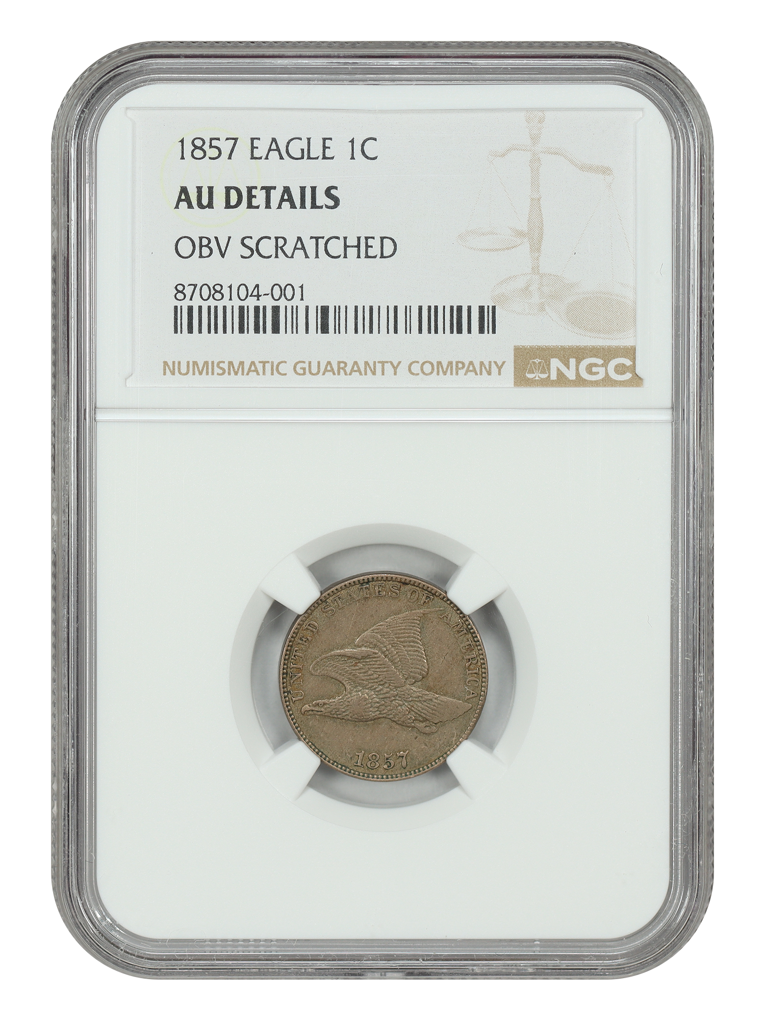 1857 1C Flying Eagle NGC AU Details (Obv Scratched)