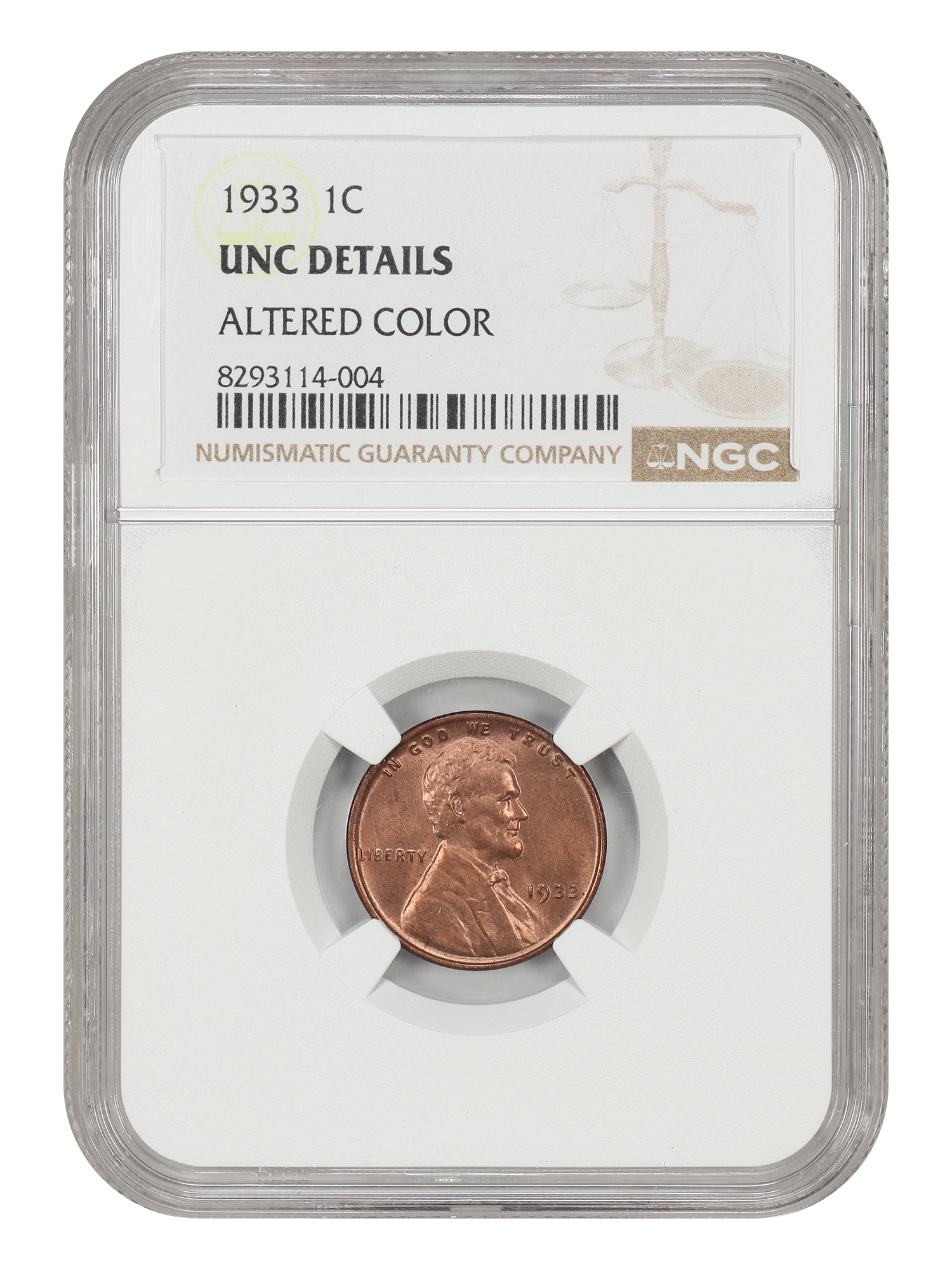 1933 1C NGC UNC Details (Altered Colors)