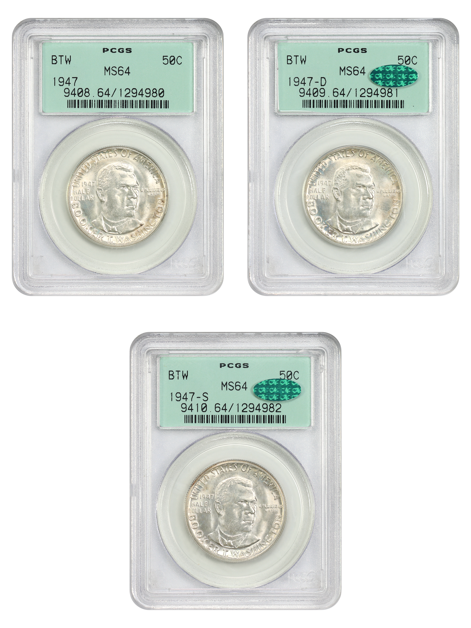 1947-PDS Set: 50C Booker T. Washington Set PCGS/CAC MS64 (OGH, 3 Coins)