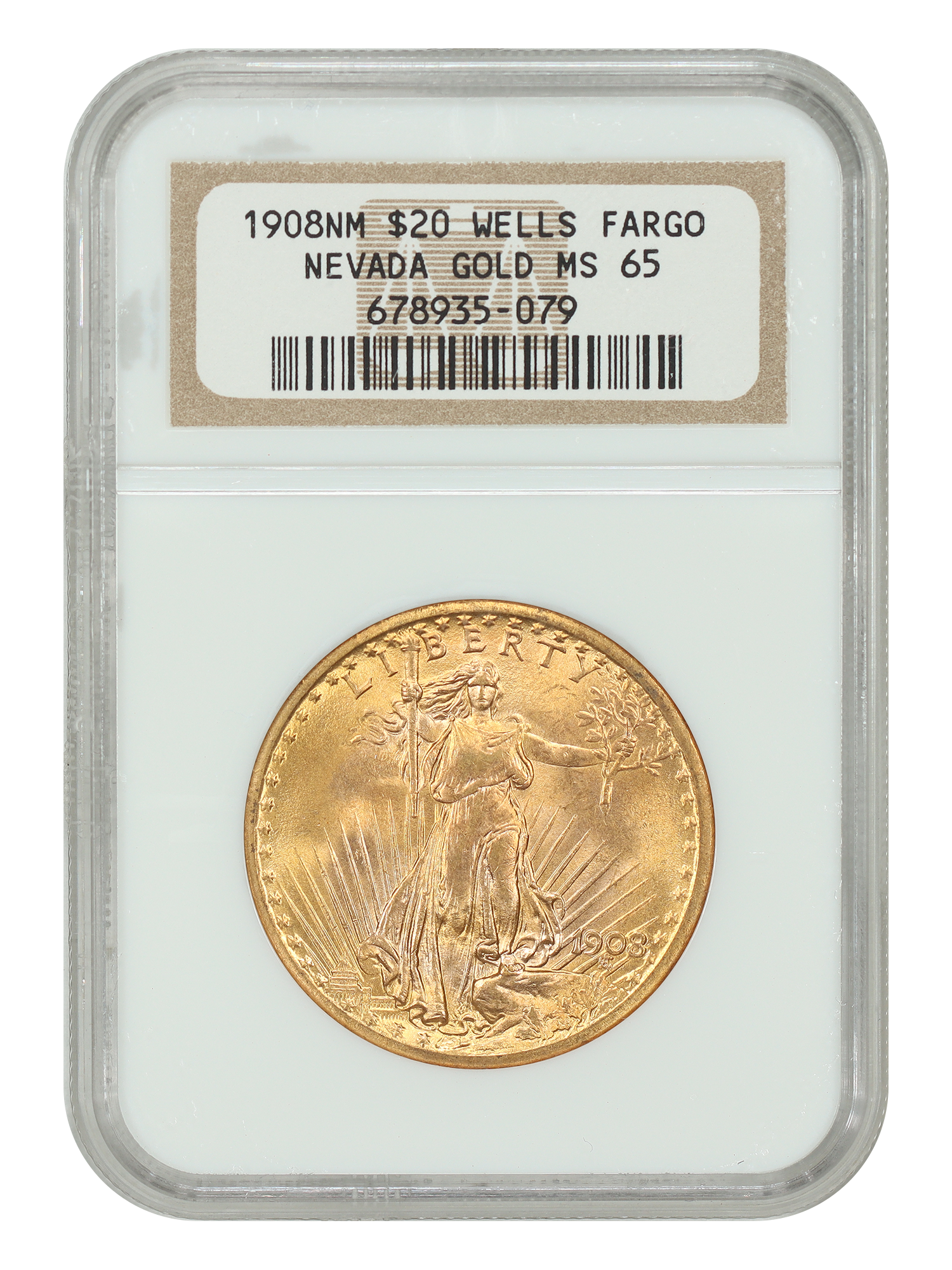 1908 $20 NGC MS65 (No Motto) ex: Wells Fargo