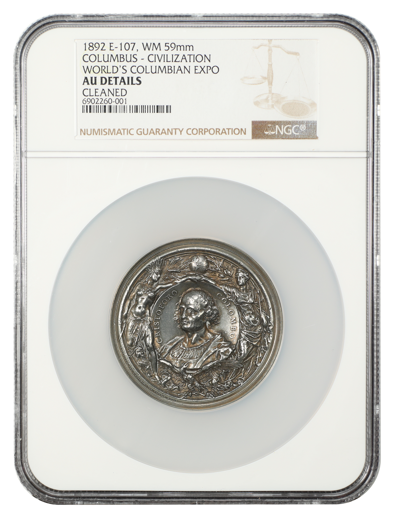 Medal: 1892 White Metal World's Columbian Expo NGC AU Details (Eglit-107, Cleaned)