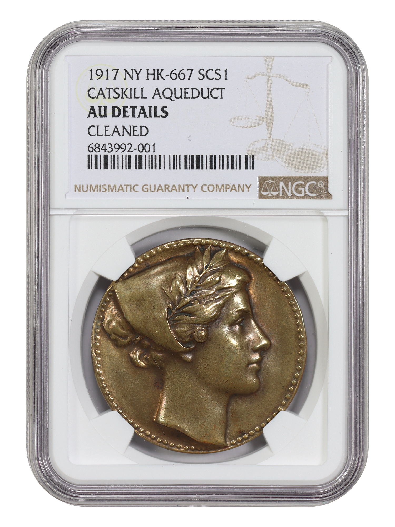 So-Called-Dollar: 1917 SC$1 Bronze Catskill Aqueduct Completion NGC AU Details (HK-667, Cleaned)