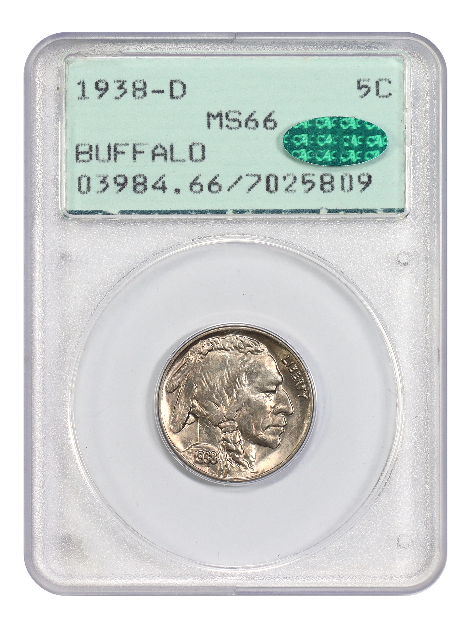 1938-D 5C Buffalo PCGS/CAC MS66 (OGH Rattler)
