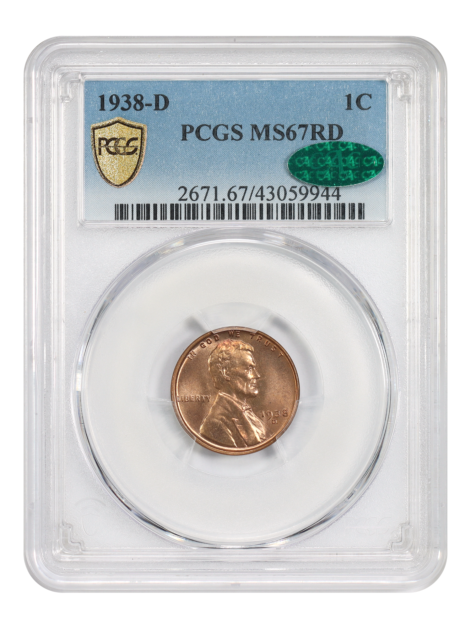 1938-D 1C PCGS/CAC MS67RD
