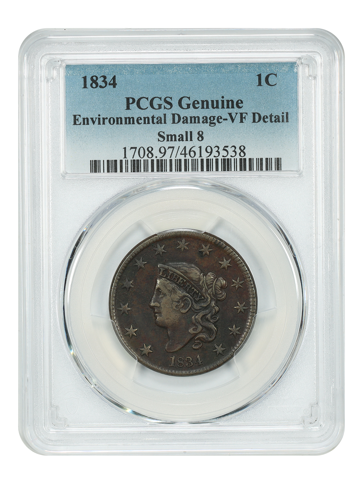 1834 1C PCGS VF Details (Small 8, Environmental Damage)