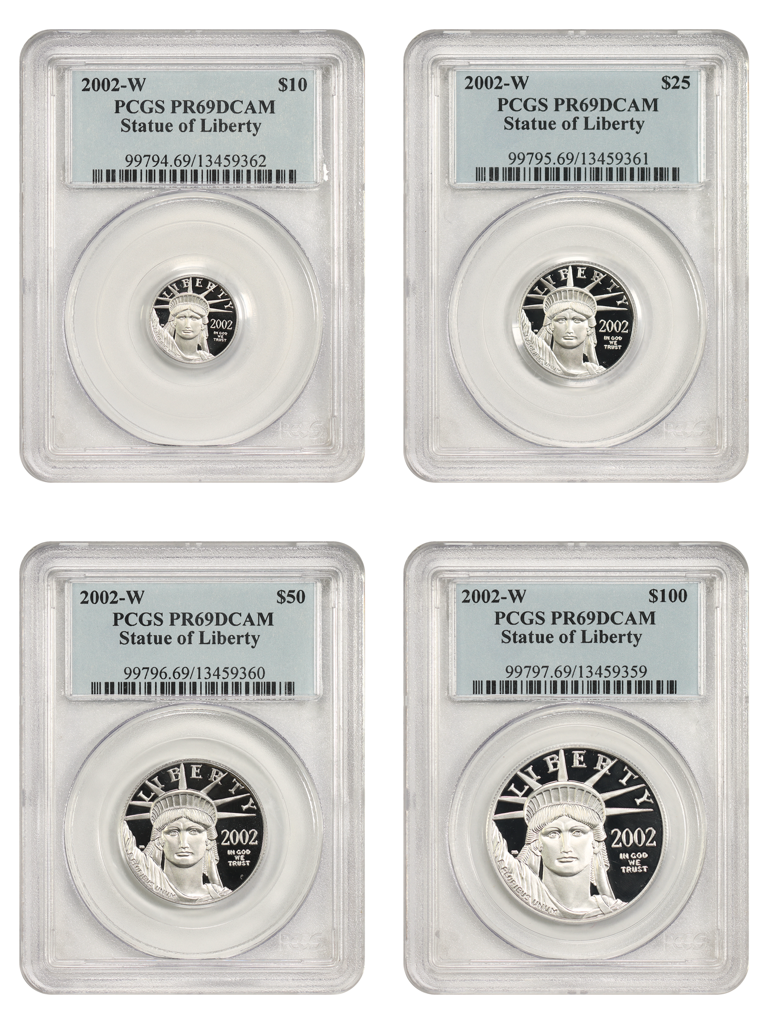 2002-W $10-$100 Platinum Eagle Set PCGS PR69DCAM (4 Coins)